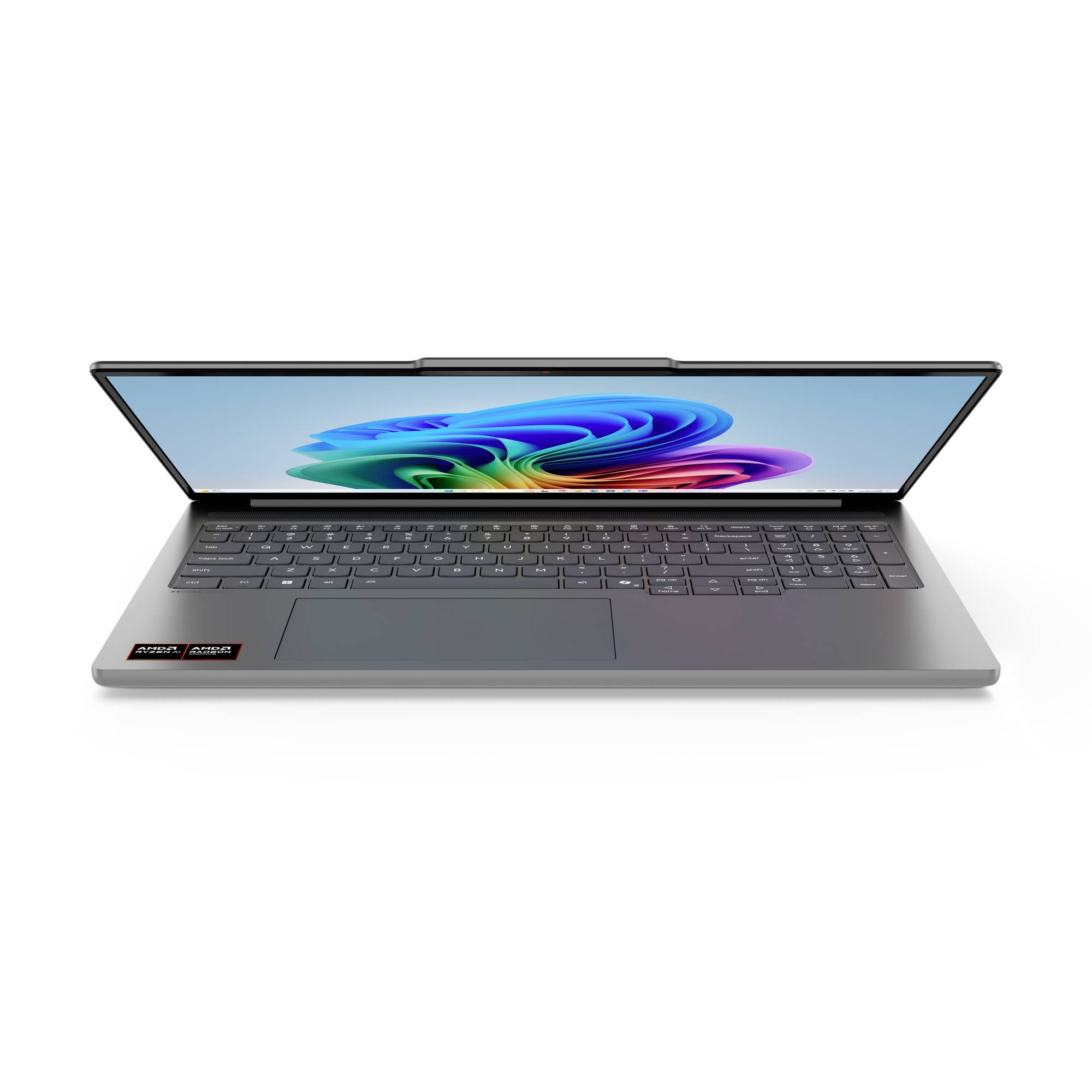 Offener grauer Laptop mit großem, farbenfrohem abstraktem Display, von vorne auf weißem Hintergrund gezeigt.