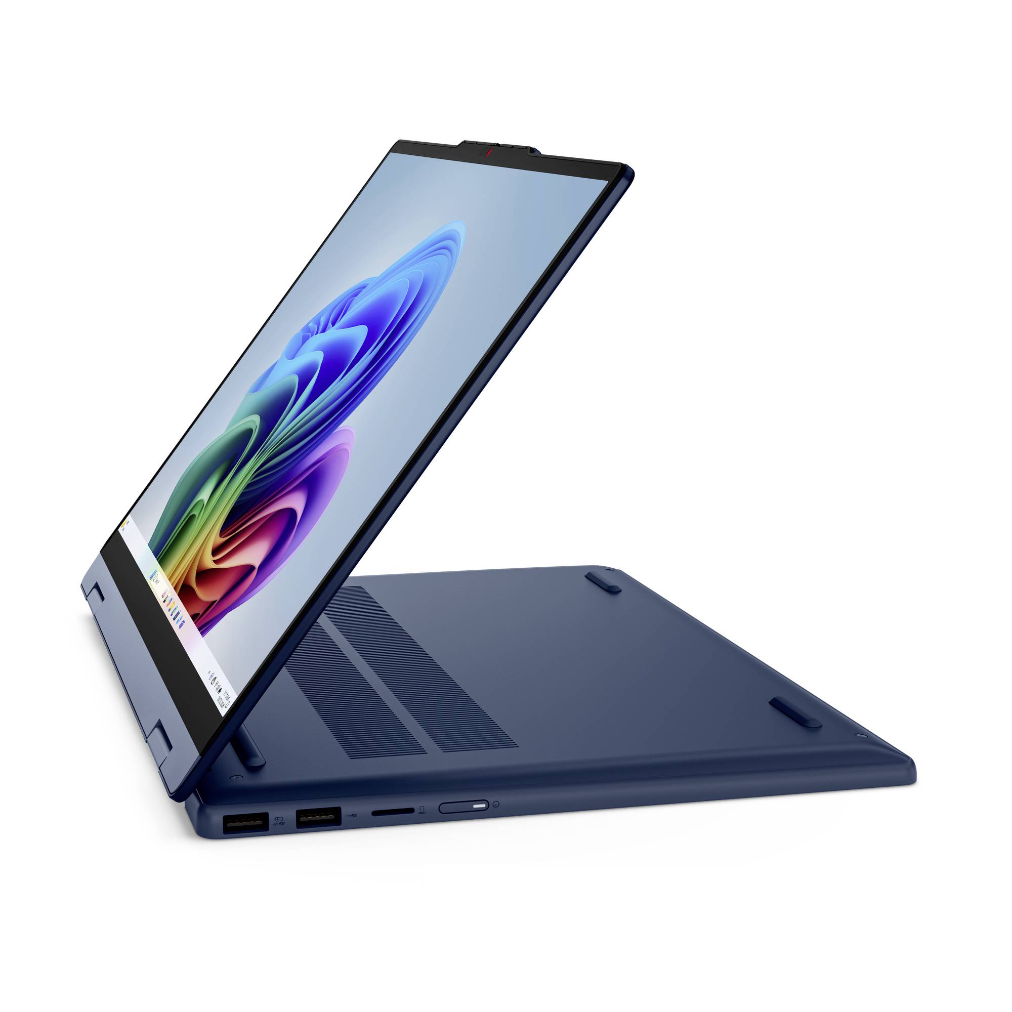 Blauer 2-in-1-Laptop im Zeltmodus, der einen farbenfrohen Bildschirm auf weißem Hintergrund zeigt.