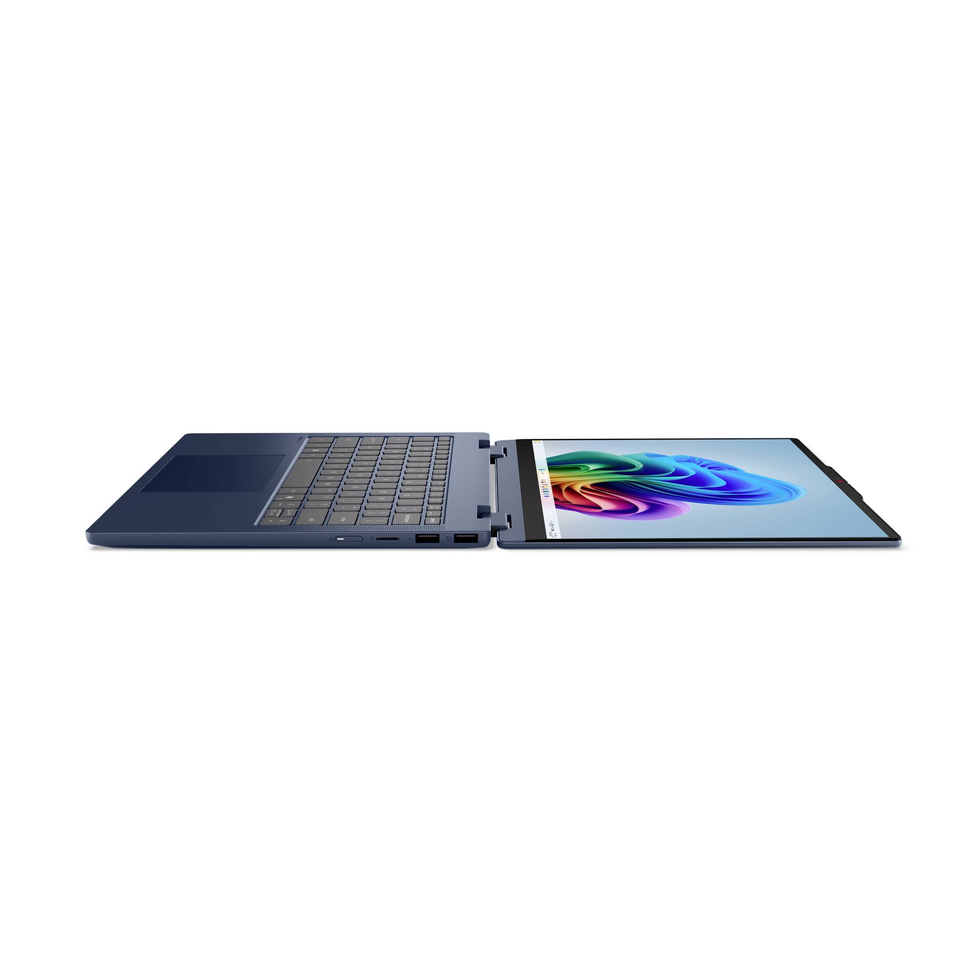 Seitenansicht eines aufgeklappten faltbaren Laptops mit Tastatur auf der linken Seite und Touchscreen-Display auf der rechten Seite, das ein farbenfohes abstraktes Hintergrundbild zeigt.
