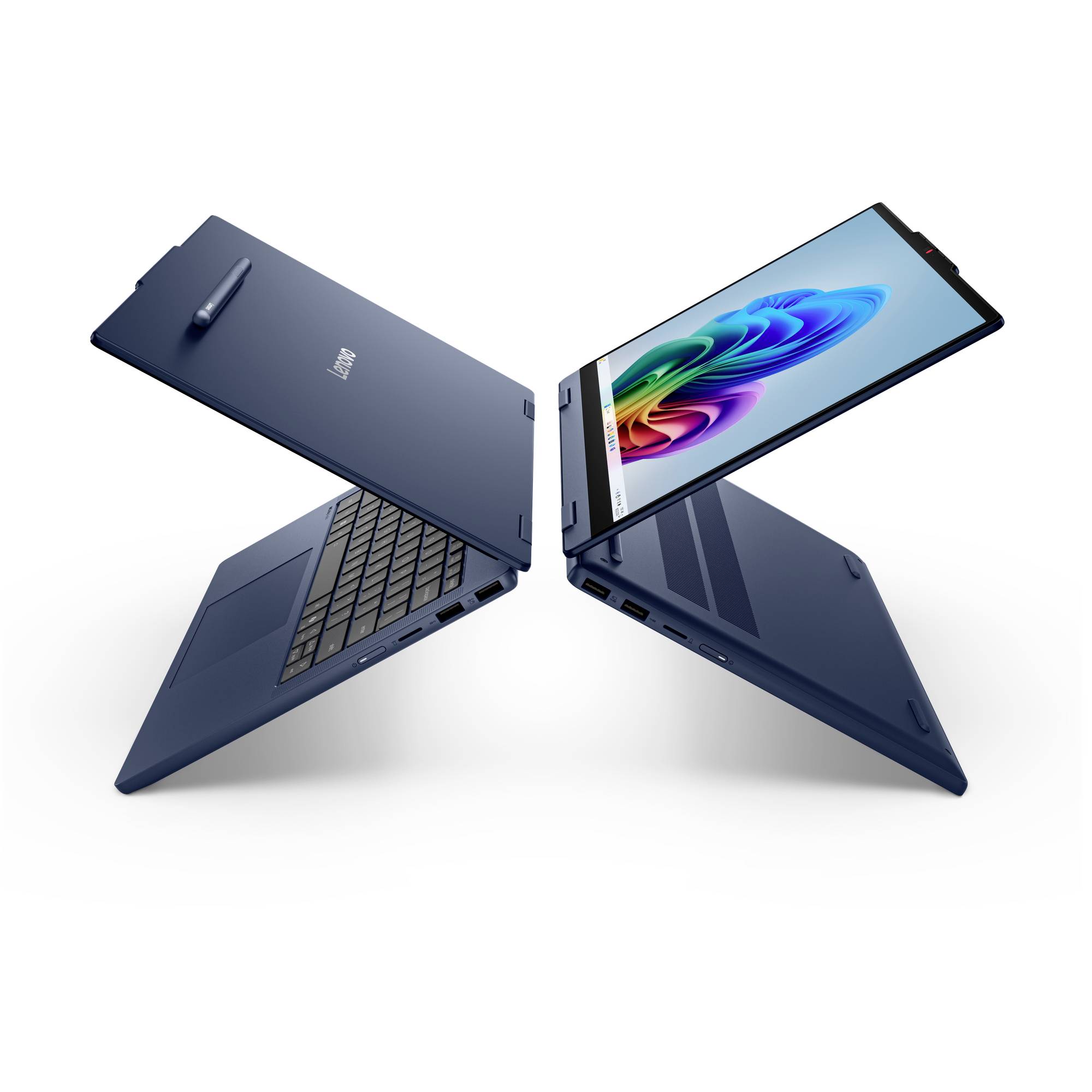 Zwei blaue Convertible-Laptops, die in verschiedenen Ausrichtungen gezeigt werden, einer mit exposierter Tastatur und einer offen mit buntem Bildschirm.