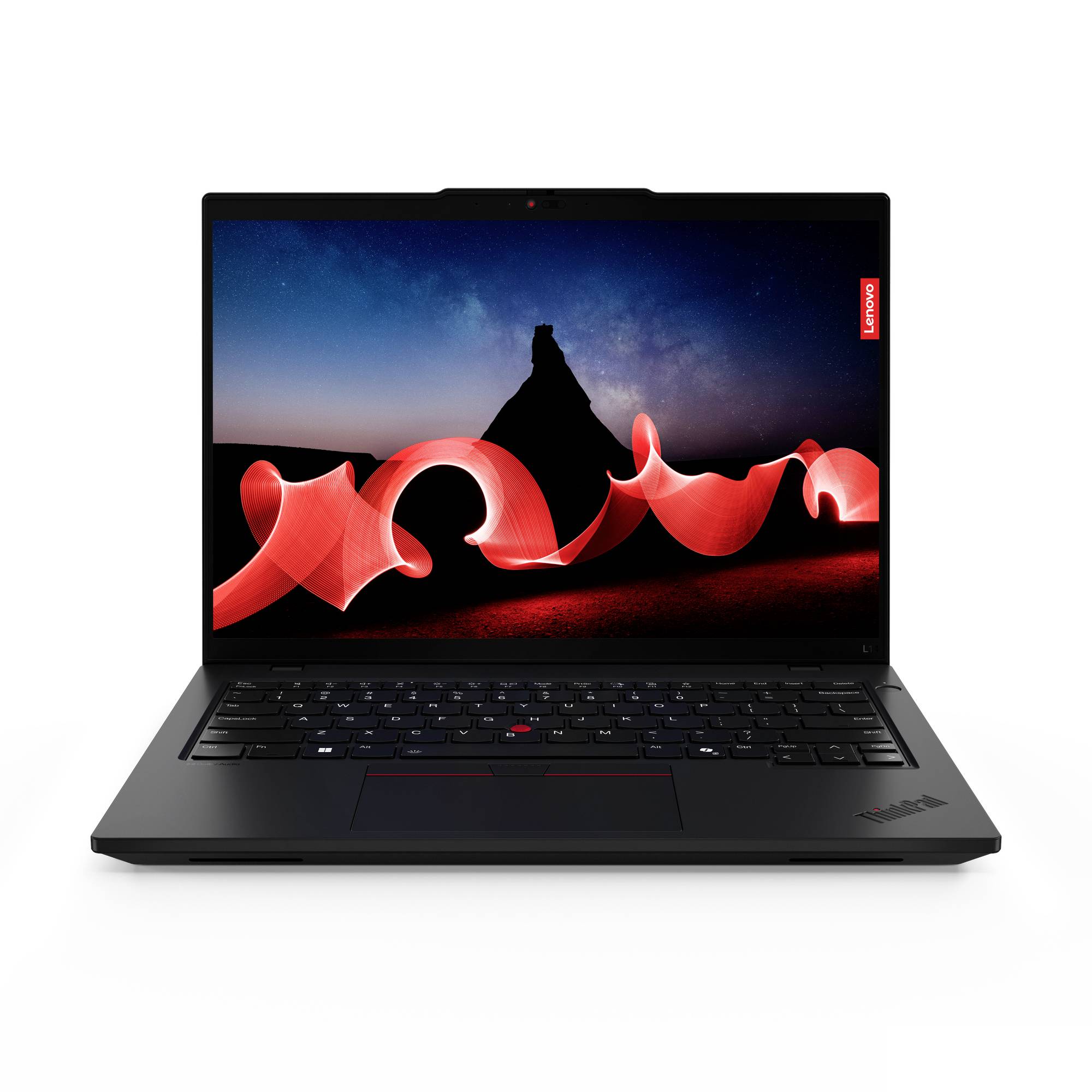 Schwarzer Lenovo ThinkPad-Laptop, der auf weißem Hintergrund offen ist und ein rotes Lichtstreifenmuster auf dem Bildschirm anzeigt.