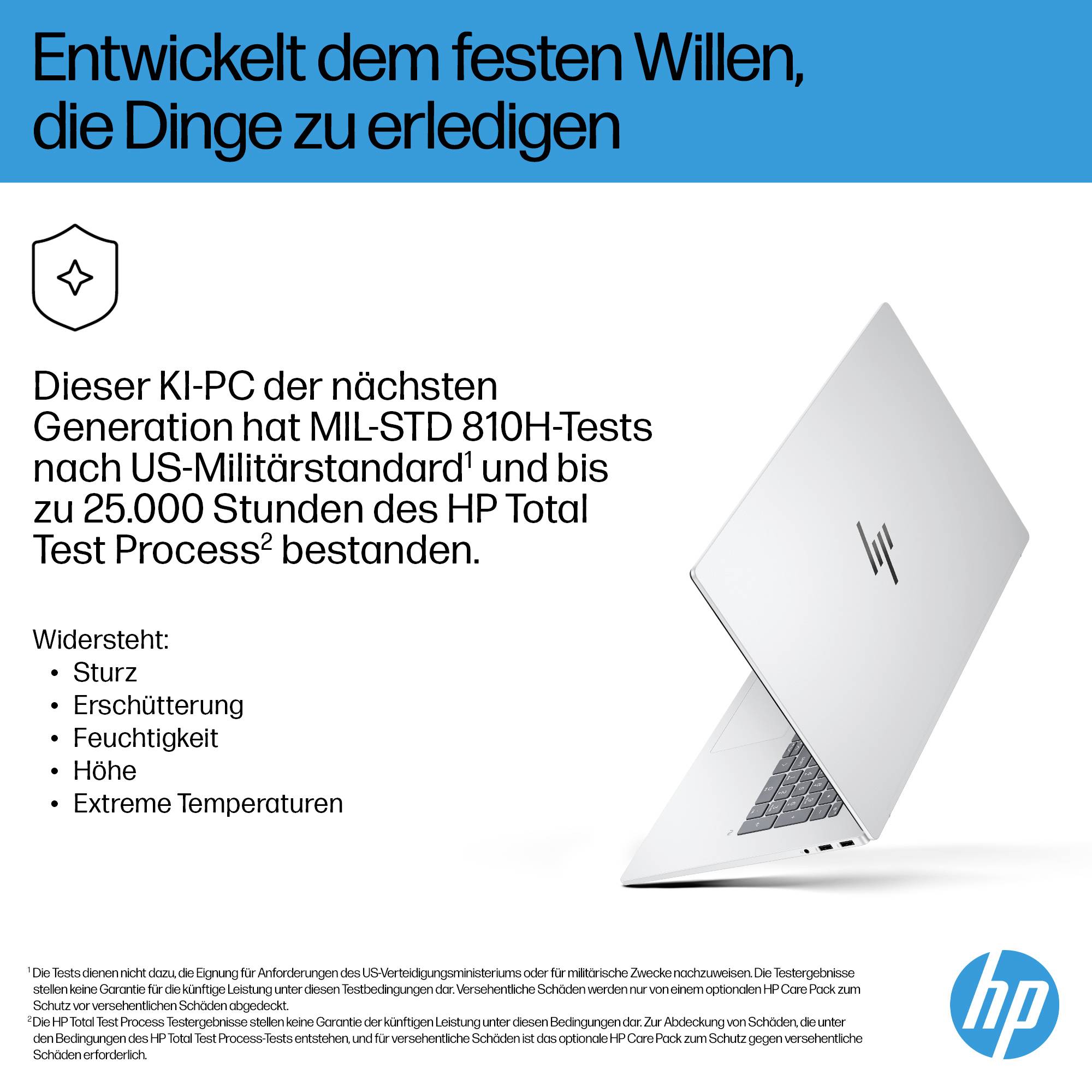 Werbeanzeige für einen robusten HP KI-PC: bestand MIL-STD-810H-Tests und bis zu 25.000 Stunden HP Total Test Process; widersteht Sturz, Erschütterung, Feuchtigkeit, Höhe und extremen Temperaturen.