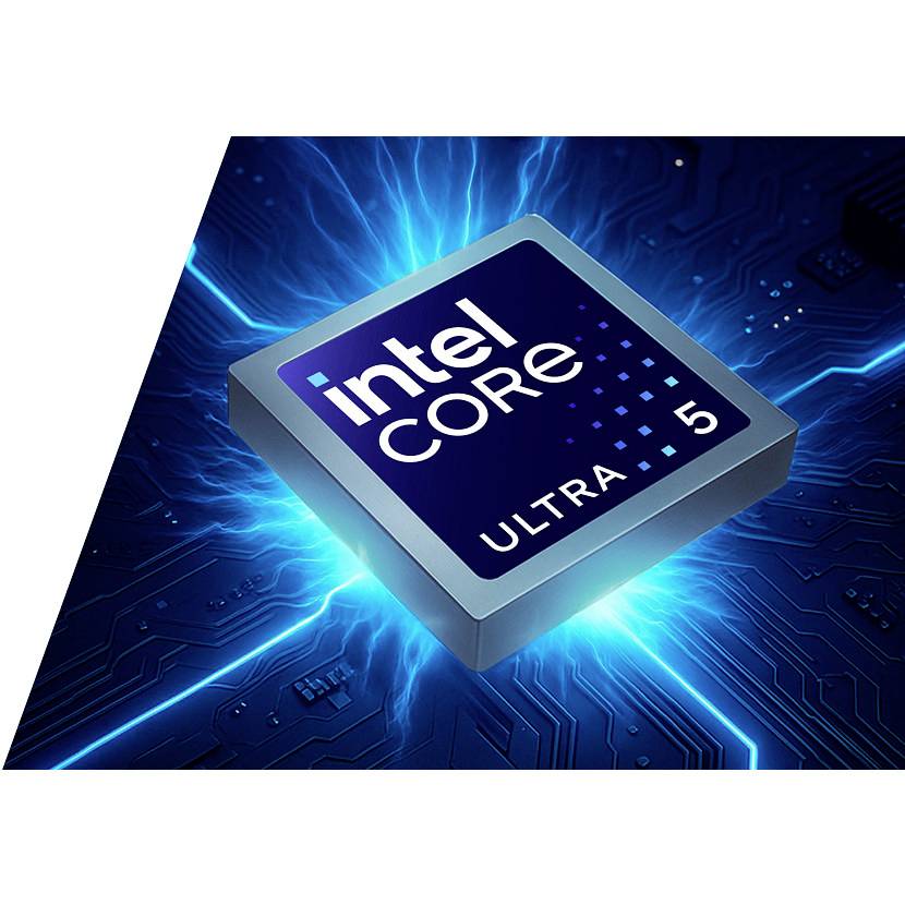 Intel Core Ultra 5 Prozessor-Chip, der blau leuchtend vor einem Leiterplattenhintergrund leuchtet