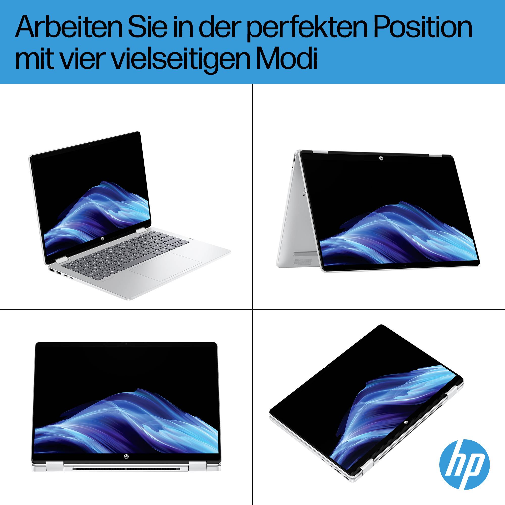 HP Laptop in vier Modi dargestellt mit deutscher Überschrift „Arbeiten Sie in der perfekten Position mit vier vielseitigen Modi" und dem HP-Logo.