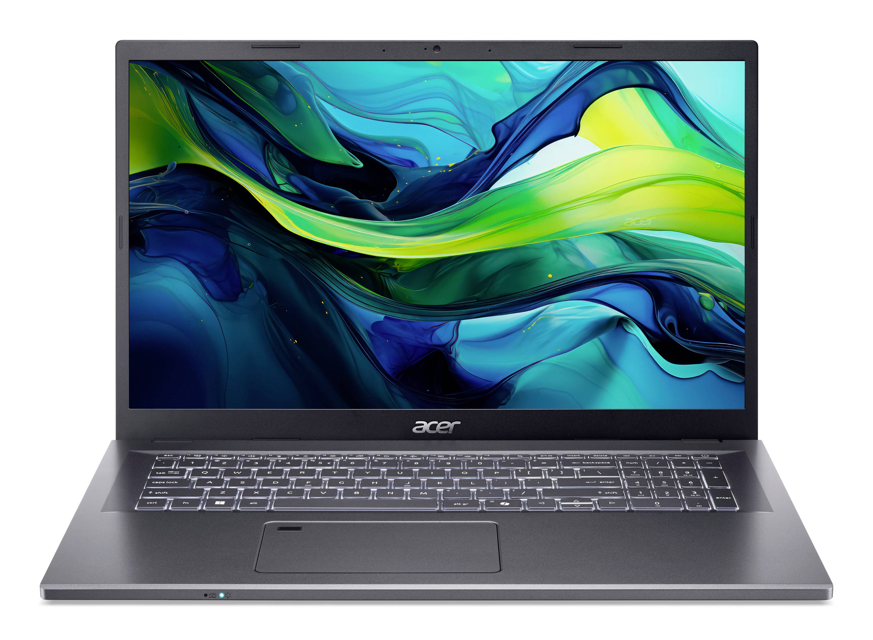Acer Laptop mit buntem abstraktem Wellen-Hintergrundbild auf dem Bildschirm, aufgeklappt vor weißem Hintergrund dargestellt.