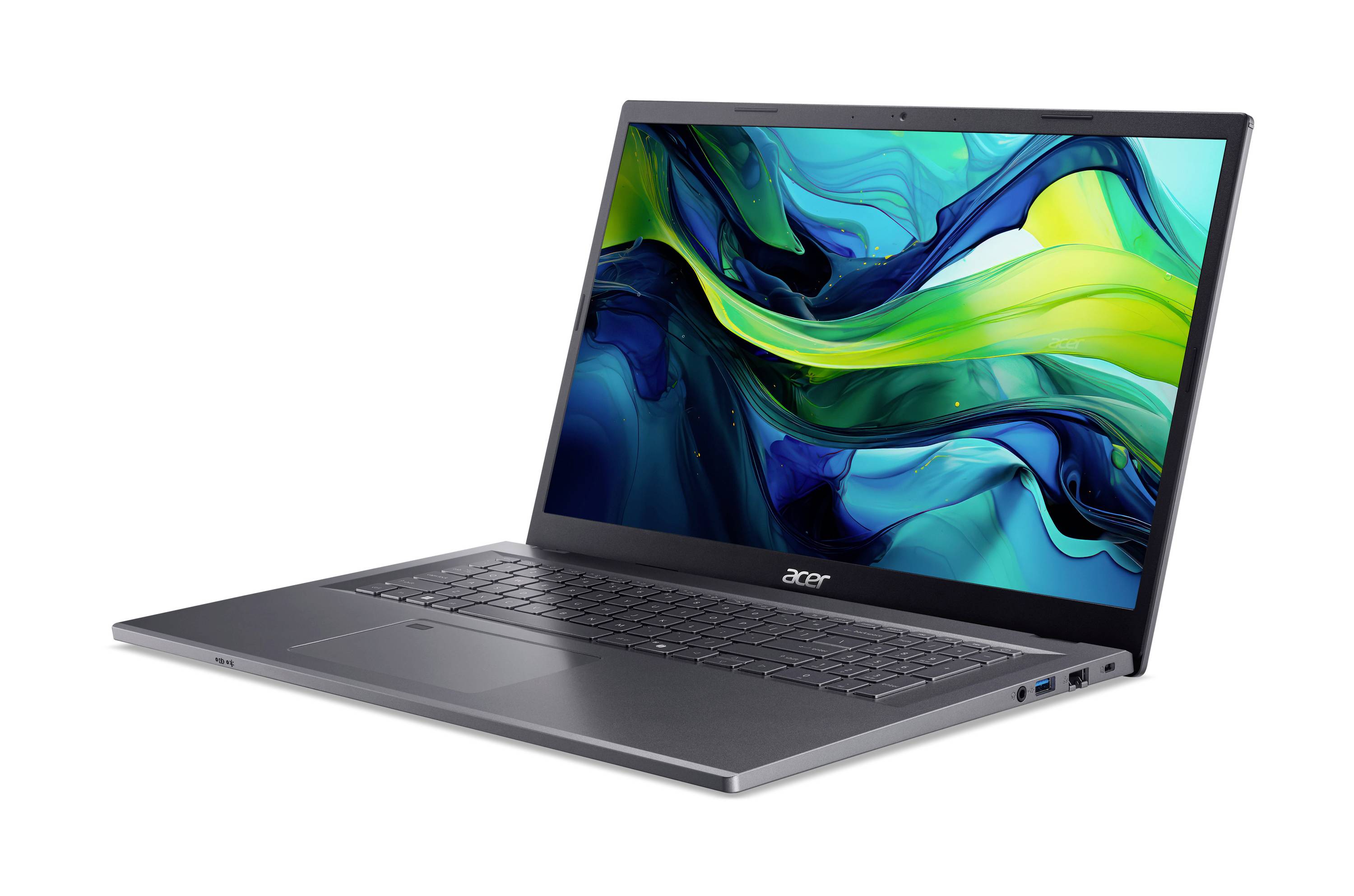 Aufgeklappter Acer-Laptop im linken Winkel, zeigt buntes abstraktes Hintergrundbild auf dem Bildschirm und dünne Tastatur auf weißem Hintergrund.