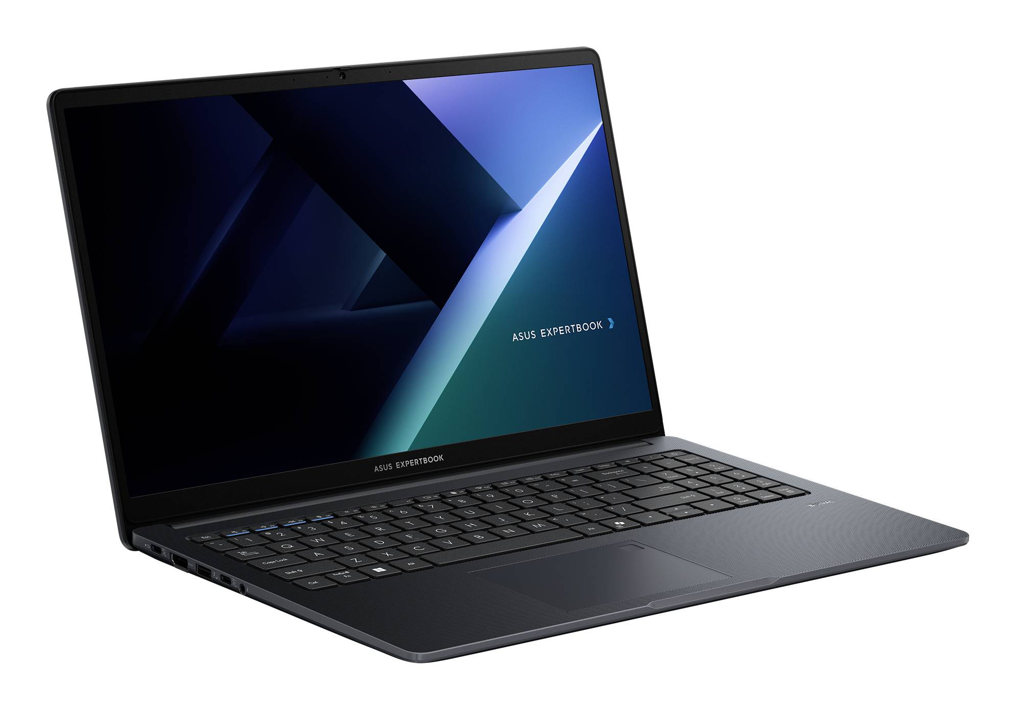 Aufgeklappter ASUS ExpertBook Laptop in schrägem Winkel auf weißem Hintergrund, mit dunkelblauem geometrischem Hintergrundbild auf dem Bildschirm.