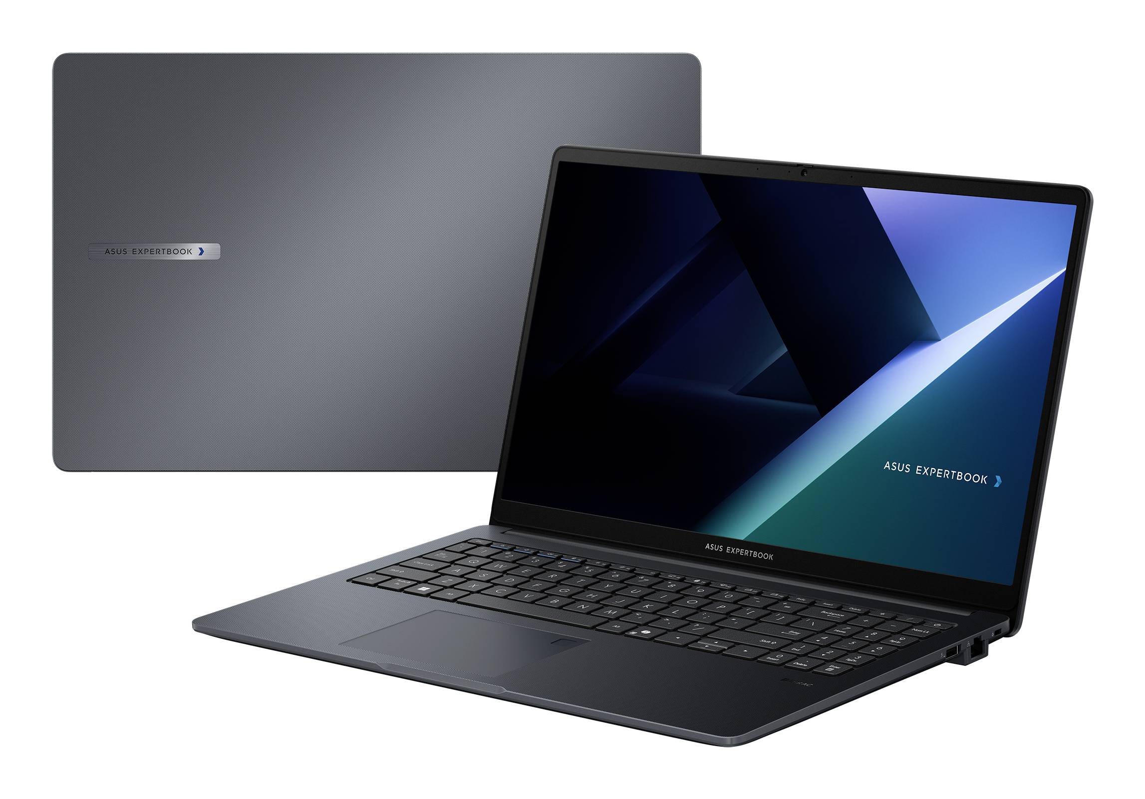 ASUS ExpertBook Laptop offen vor geschlossenem Deckel, was das schlanke Design des Business-Notebooks hervorhebt.