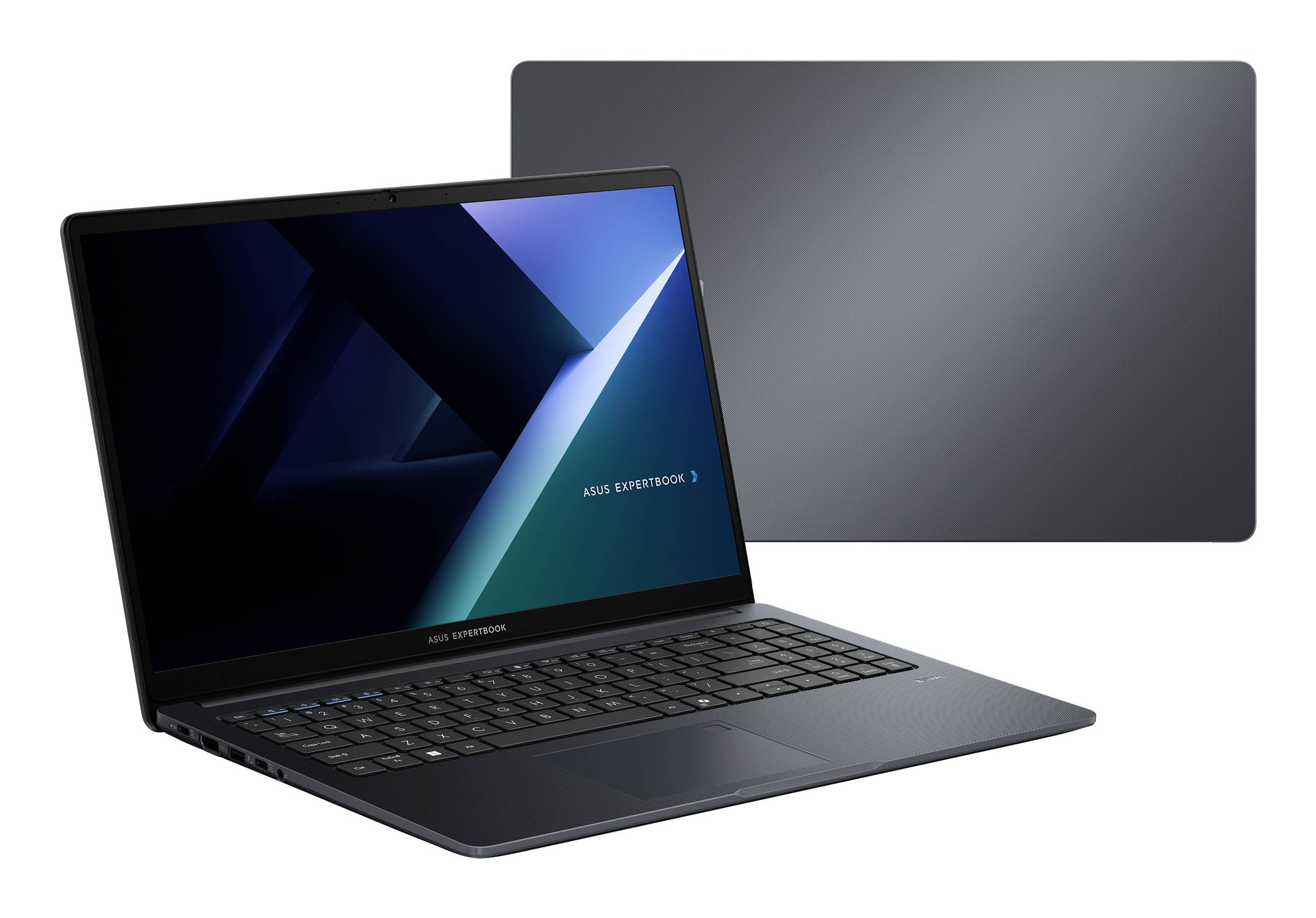 ASUS ExpertBook Laptop, geöffnet und in der Vorderansicht dargestellt, neben einem geschlossenen Laptop, wobei das schlanke Design eines Business-Notebooks hervorgehoben wird.