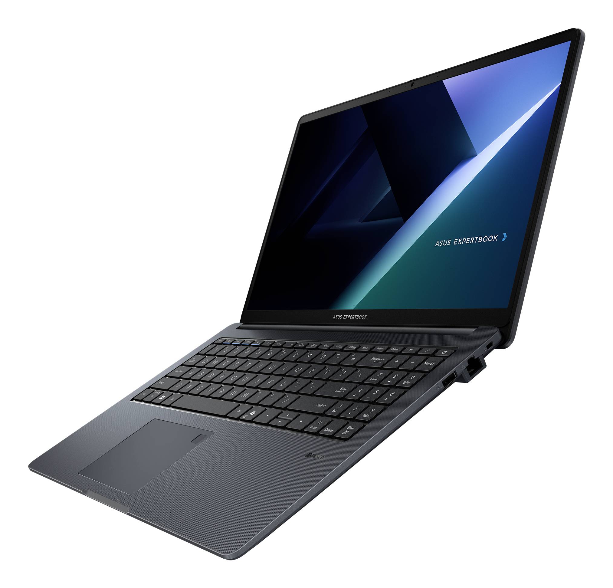 Aufgeklappter ASUS ExpertBook-Laptop im schrägen Winkel auf weißem Hintergrund mit eingeschaltetem Bildschirm und sichtbarer Tastatur.