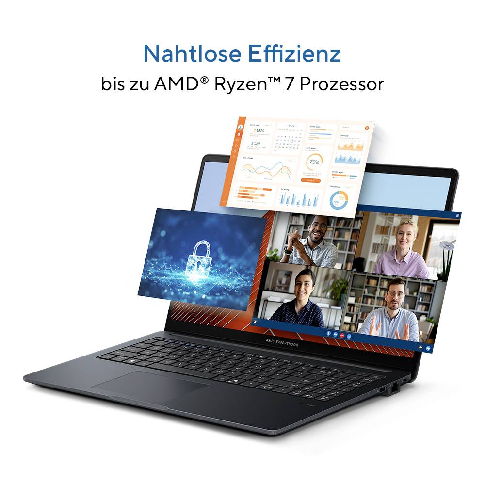 Laptop-Werbung zeigt "Nahtlose Effizienz bis zu AMD Ryzen 7 Prozessor" mit einem Business-Dashboard, Sicherheitsschloss und Videoanruf auf dem Bildschirm.