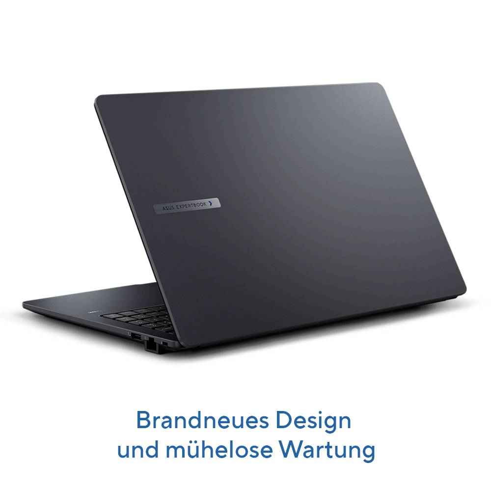 Schlanker schwarzer Laptop, geöffnet dargestellt, mit deutschem Text darunter, der lautet „Brandneues Design und mühelose Wartung" und neue Gestaltung sowie einfache Wartung hervorhebt.