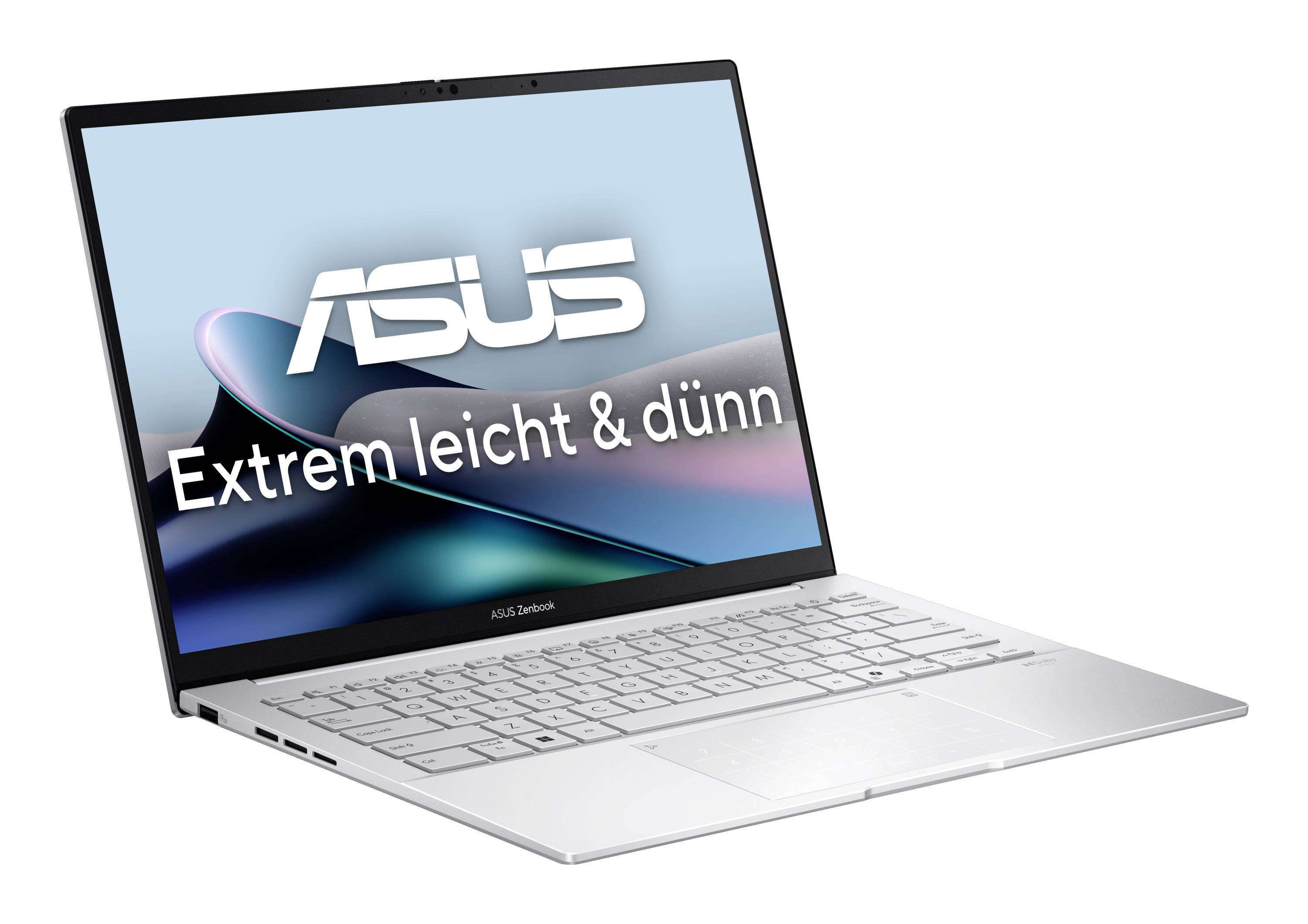 ASUS Laptop, aufgeklappt auf weißem Hintergrund, mit Bildschirmtext „Extrem leicht & dünn", das schlanke und leichte Design bewerbend.