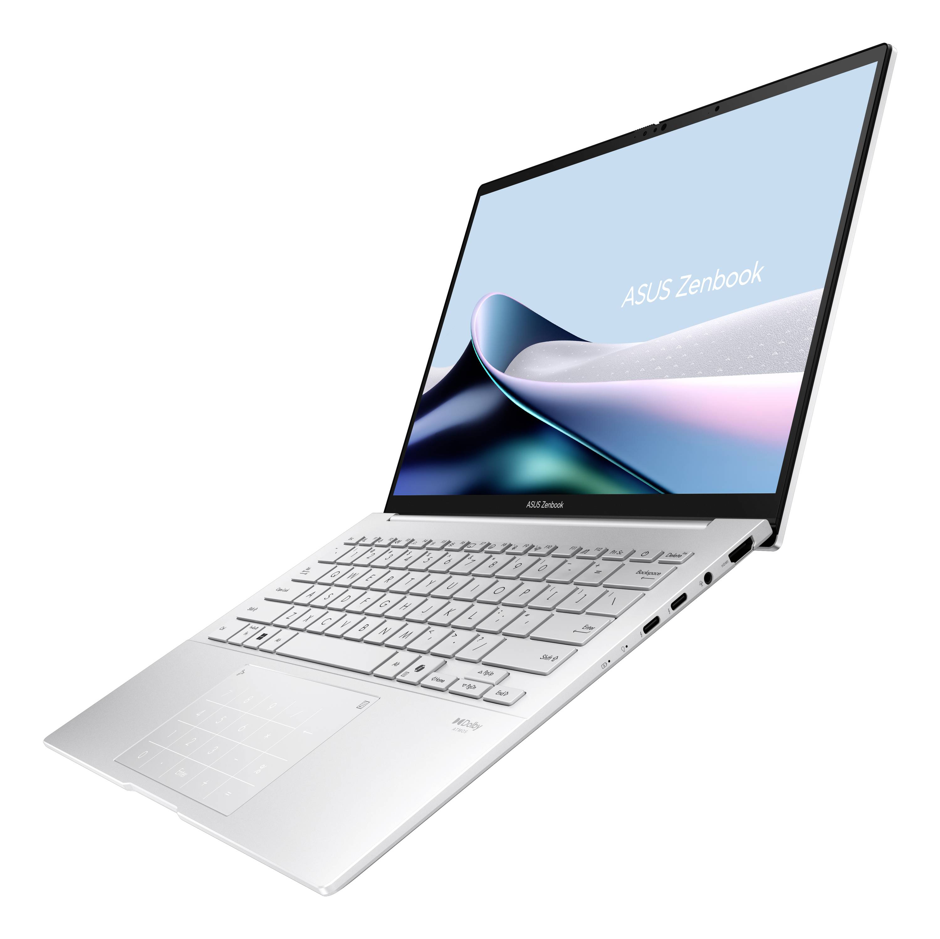 Weißer ASUS Zenbook Laptop in einem Winkel geöffnet, zeigt die Tastatur und den Bildschirm mit dem Logo „ASUS Zenbook" auf einem einfarbigen Hintergrund.