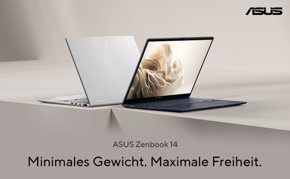 ASUS Zenbook 14 Laptop in Silber und Blau geöffnet dargestellt, wobei Leichtgewicht und Freiheit mit dem deutschen Slogan „Minimales Gewicht. Maximale Freiheit." beworben werden.