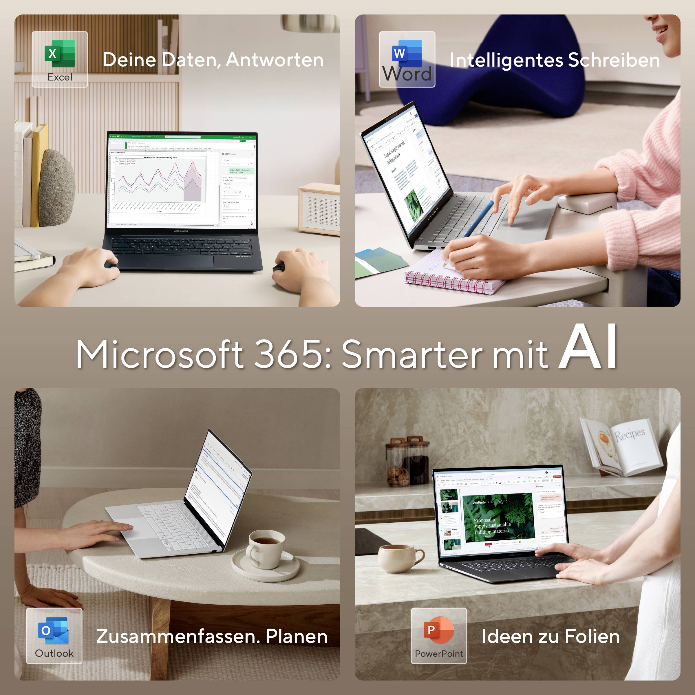 Microsoft 365 Promokollage mit Excel, Word, Outlook und PowerPoint auf Laptops mit deutschen Bildunterschriften und der Überschrift „Microsoft 365: Smarter mit AI"