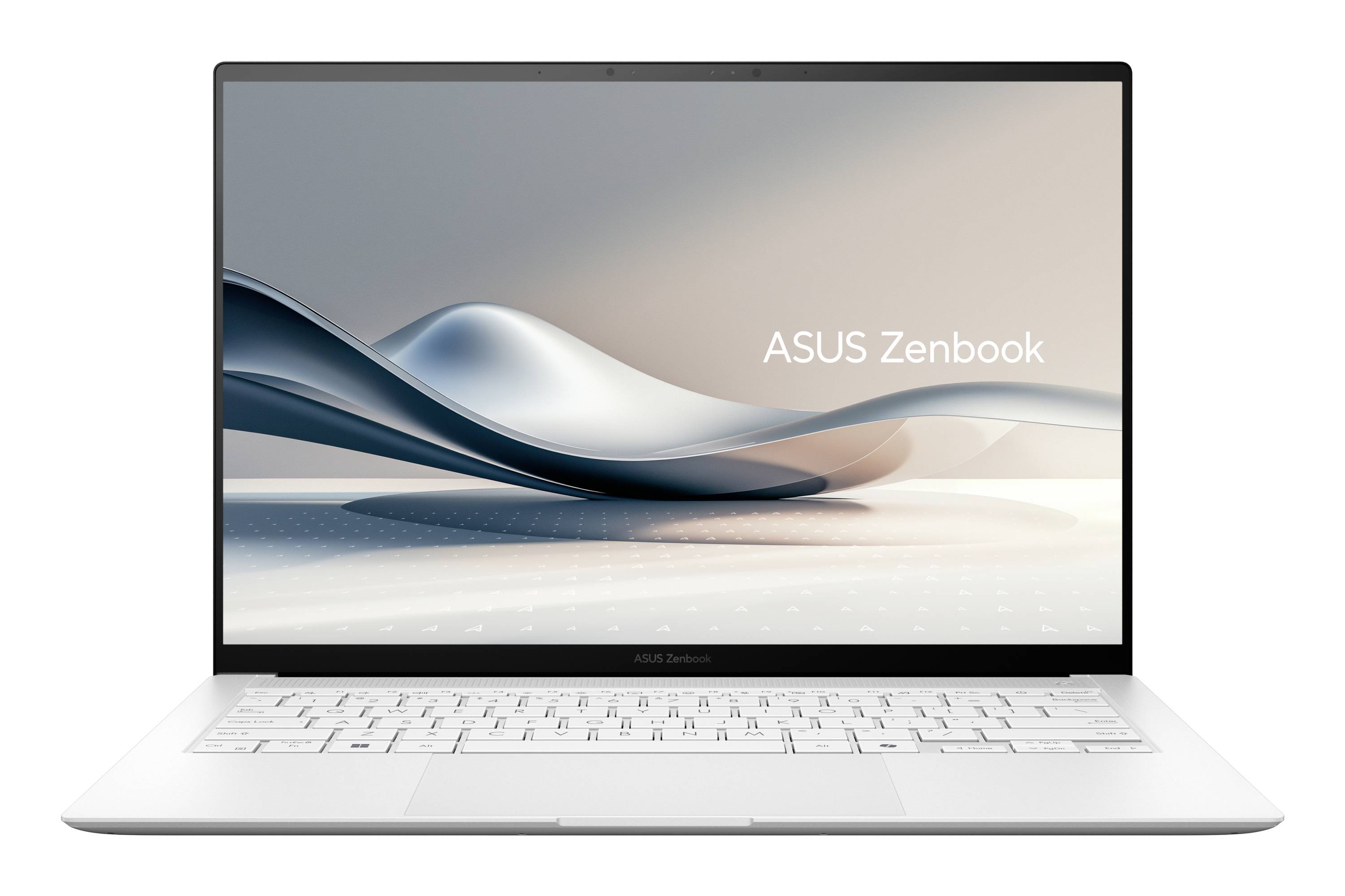 Weißer ASUS Zenbook Laptop, offen und zentriert, zeigt ein minimalistisches abstraktes Hintergrundbild mit dem Text „ASUS Zenbook
