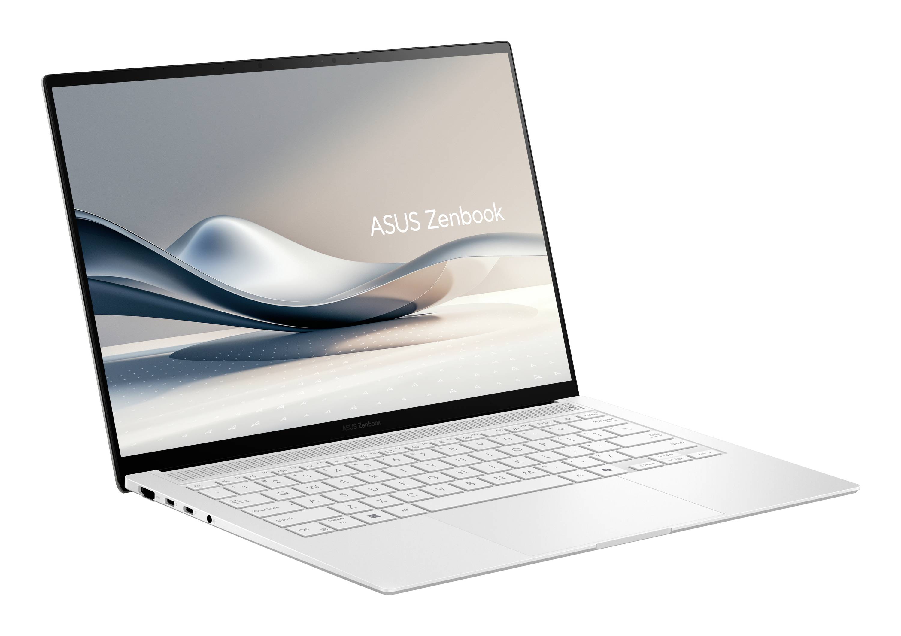 ASUS Zenbook Laptop in Silber geöffnet, in einem Winkel gezeigt mit sichtbarer Tastatur und abstraktem Wellen-Hintergrundbild auf dem Bildschirm.