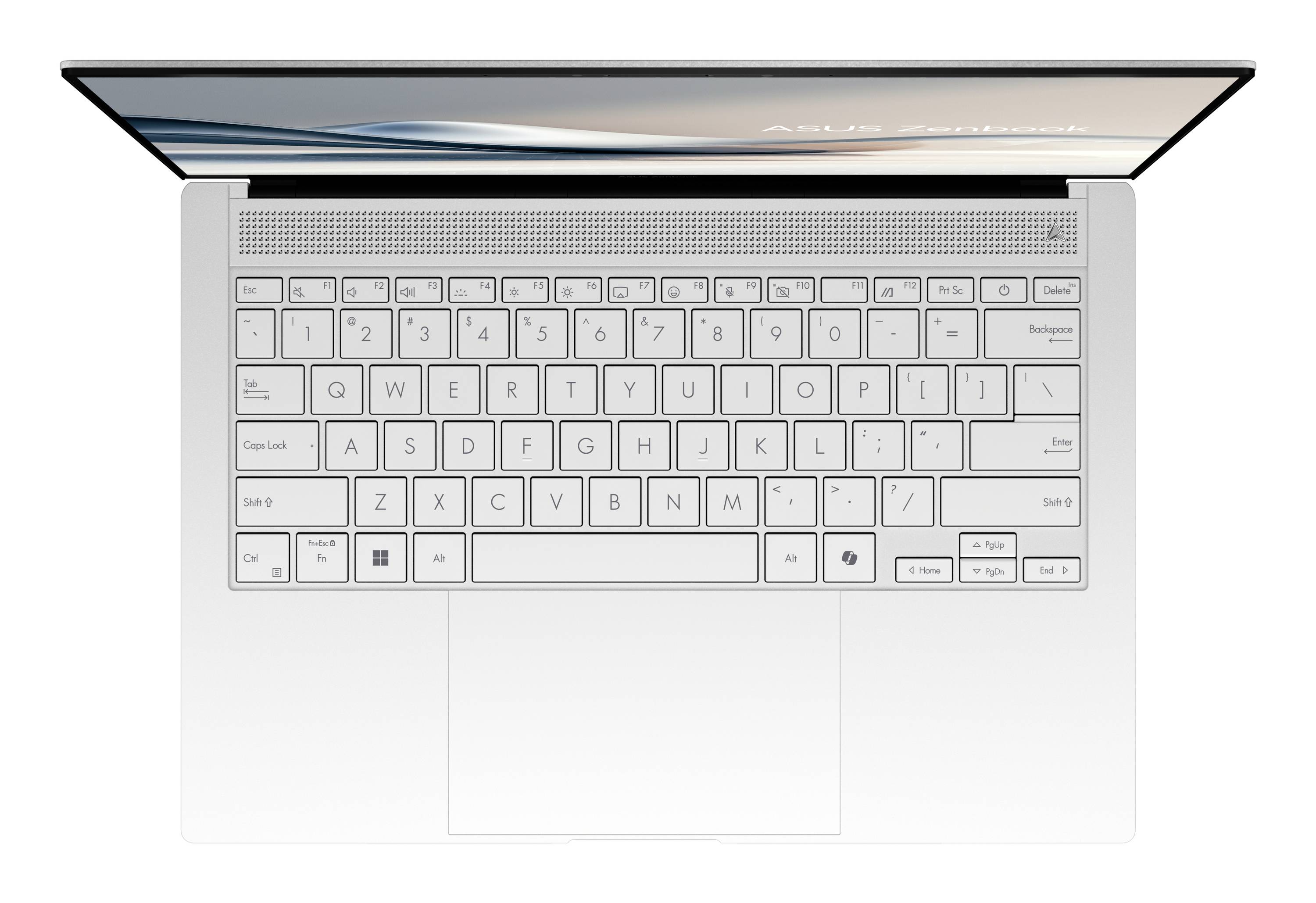 Draufsicht auf einen offenen weißen Laptop mit Tastatur und großem zentriertem Touchpad auf einfachem Hintergrund.