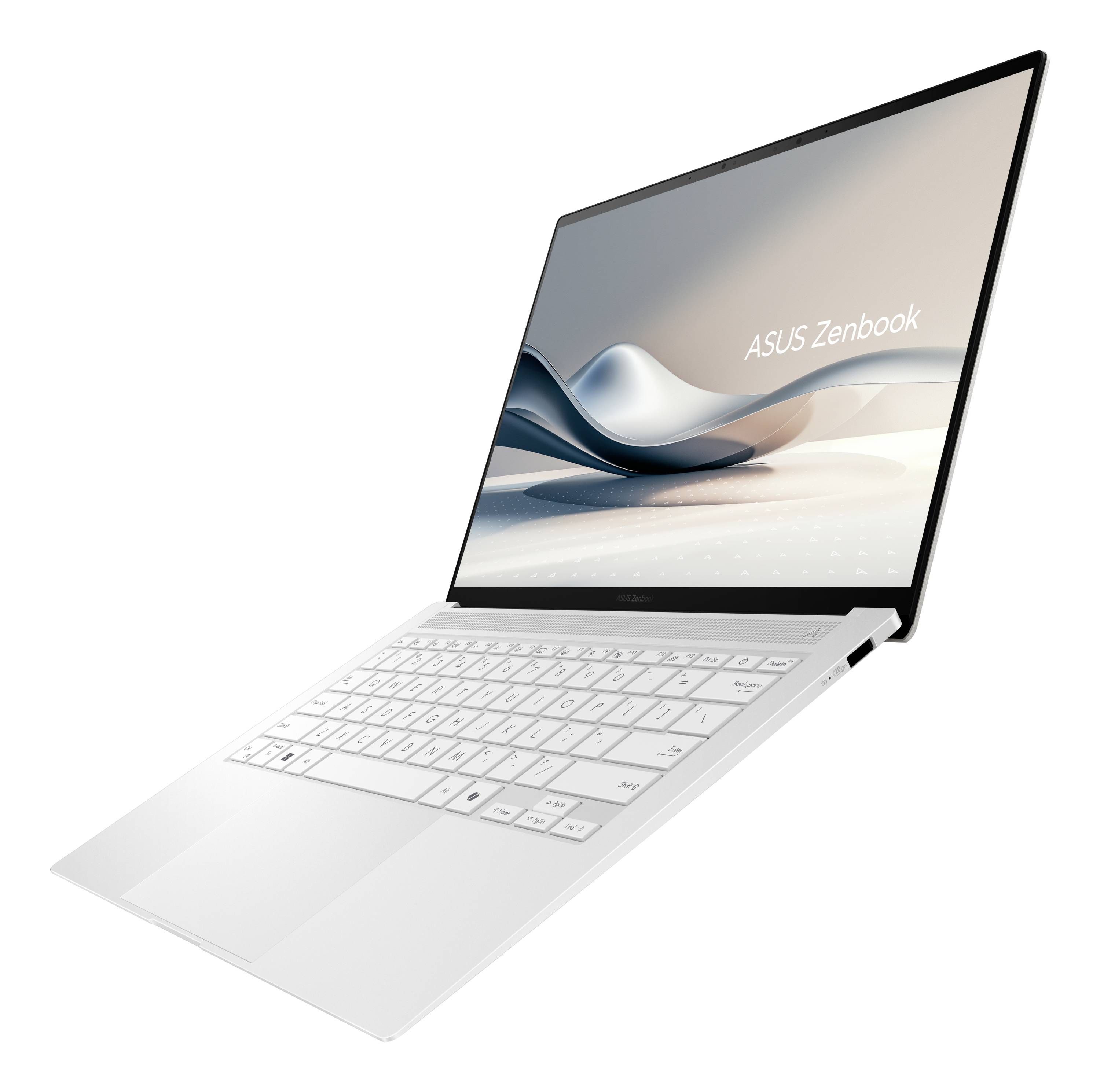 Silbernes ASUS Zenbook Laptop, in einem Winkel geöffnet auf weißem Hintergrund gezeigt, mit dem Display, das "ASUS Zenbook" anzeigt.