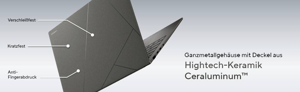 Querschnitt eines Laptop-Deckels aus „Hightech-Keramik Ceraluminum™", gekennzeichnet als kratzfest, anti-fingerabdruck und verschleißfest.