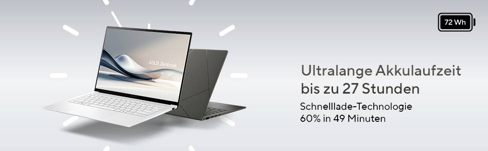 Laptop mit Werbung für extrem lange Akkulaufzeit von bis zu 27 Stunden, mit schnellem Laden auf 60% in 49 Minuten.