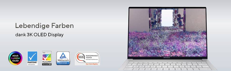 # Laptop mit lebhaften lila und rosa Farben auf dem Bildschirm; Text lautet „Lebendige Farben dank 3K OLED Display" mit ASUS OLED und entsprechenden Display-Zertifizierungslogos.