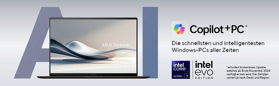 Werbeträger für ASUS Zenbook Copilot+ PC Laptop mit großem stilisiertem „AI" hinter dem Gerät und Text, der ihn als den schnellsten und intelligentesten Windows-PC hervorhebt.