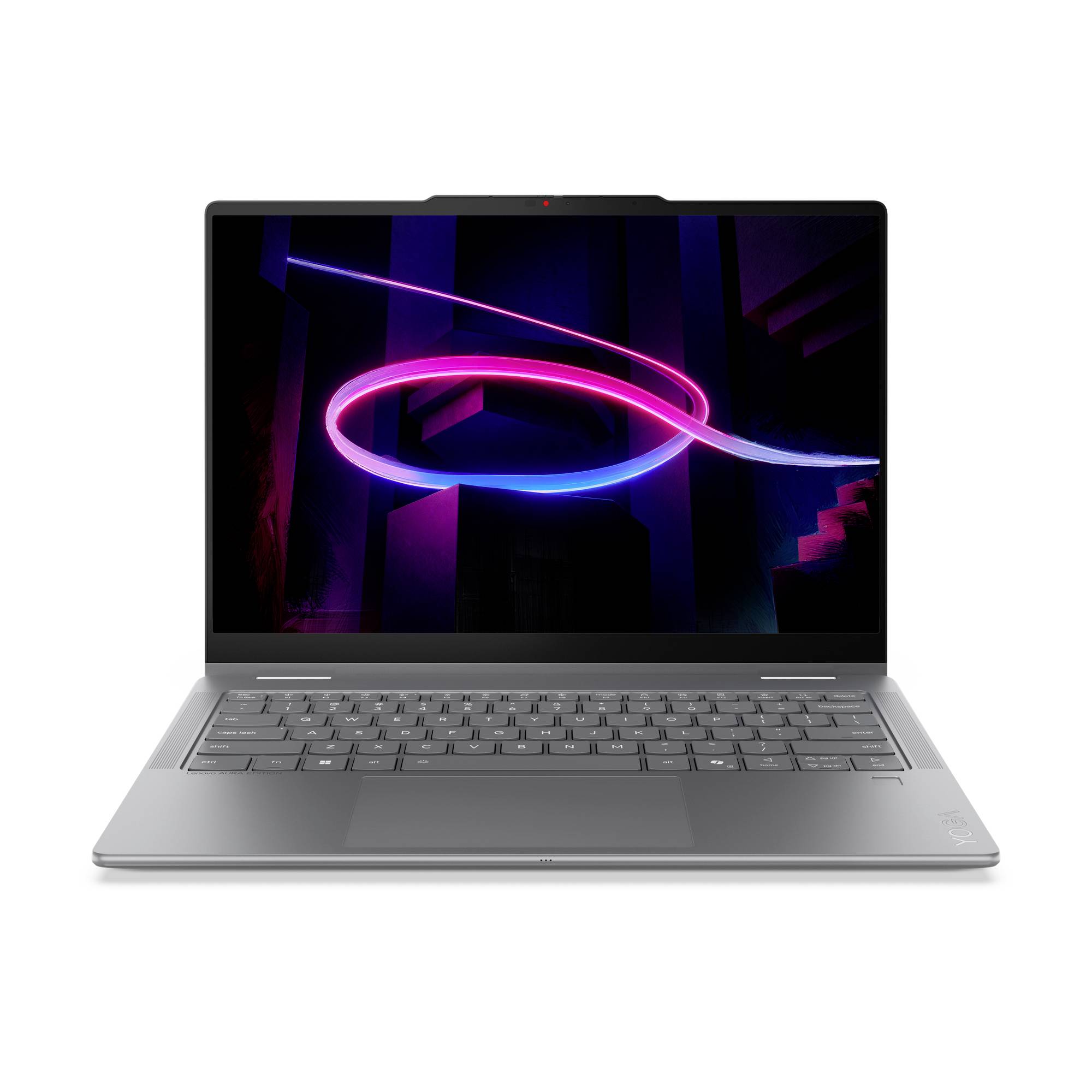 Silberner Laptop, der auf weißem Hintergrund geöffnet angezeigt wird und ein neonpinkes und blaues abstraktes Lichtstrahl auf dem Bildschirm zeigt.