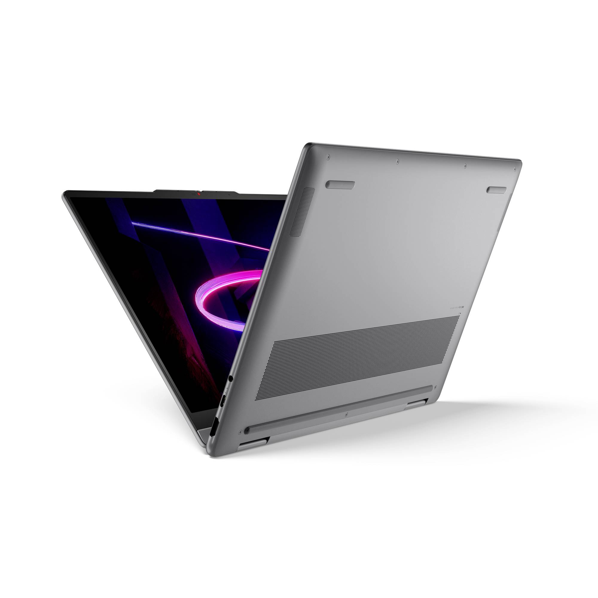 Grauer Laptop, teilweise von hinten geöffnet, mit leuchtend neon-farbiger Tapete auf dem Bildschirm, vor einem weißen Hintergrund sichtbar.