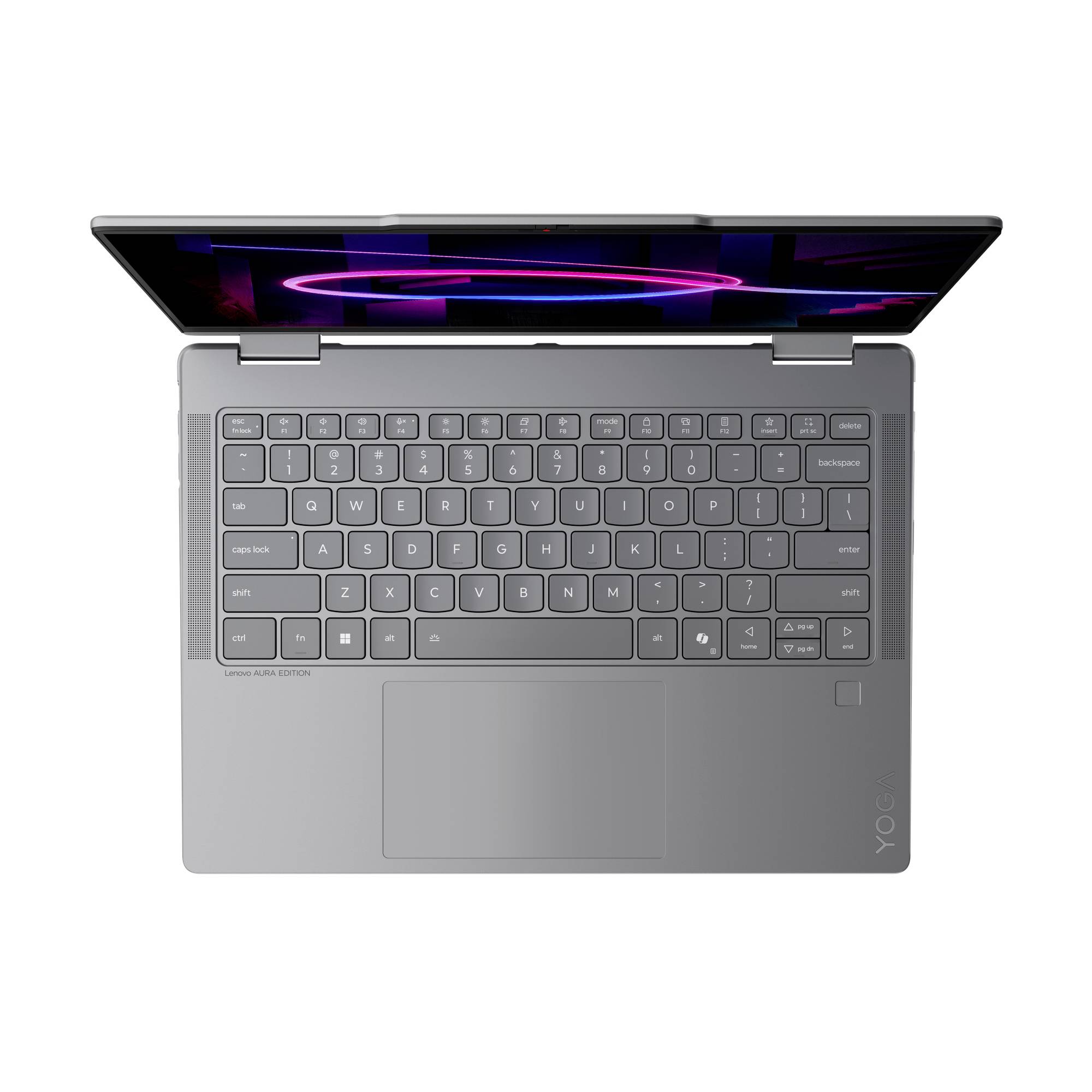 Laptop von oben betrachtet mit einer dunklen Tastatur und leuchtend violettem Bildschirm, zentriert auf weißem Hintergrund.