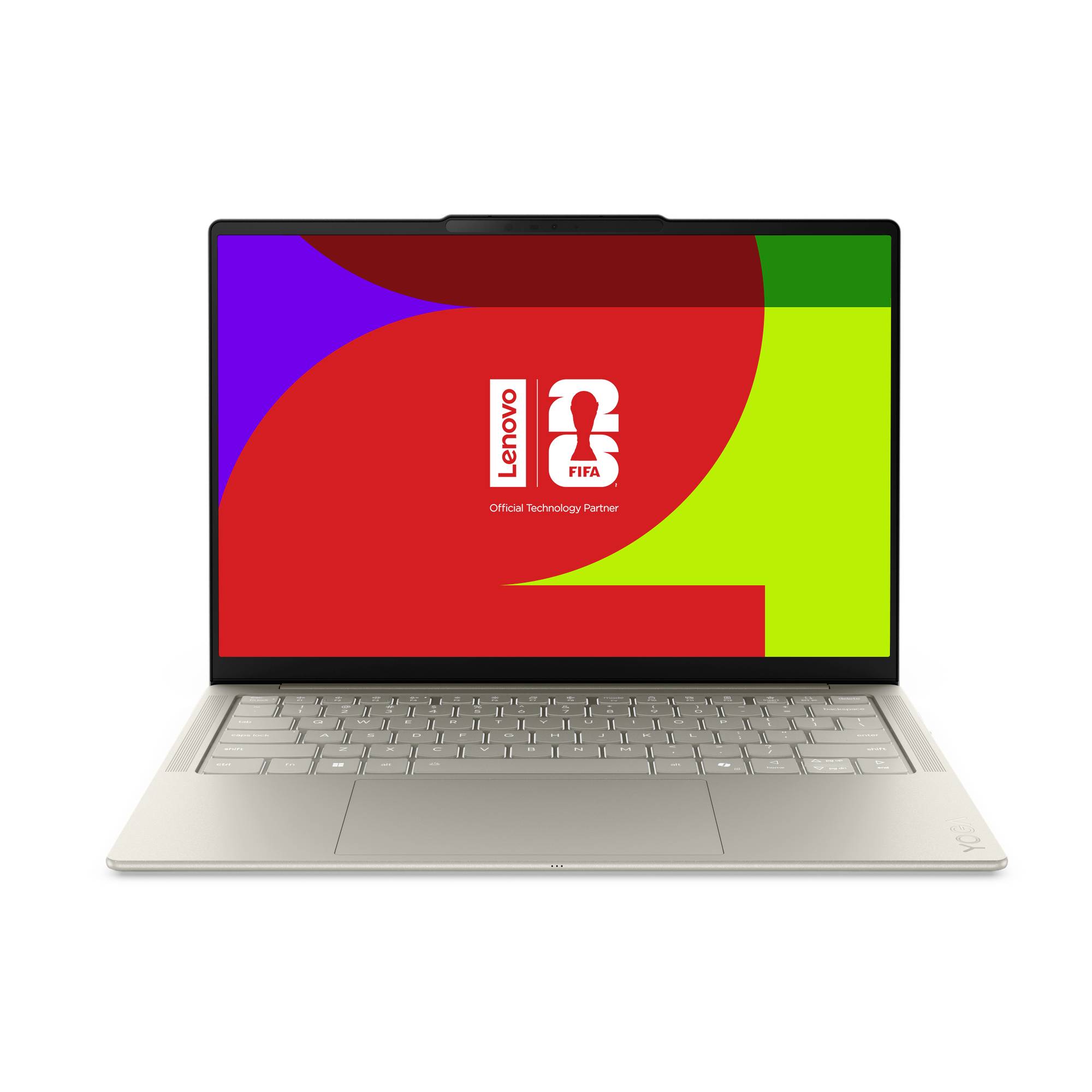 Lenovo-Laptop mit FIFA-Branding und Text "Official Technology Partner" auf einem bunten rot, grün und violett gefärbten Bildschirm