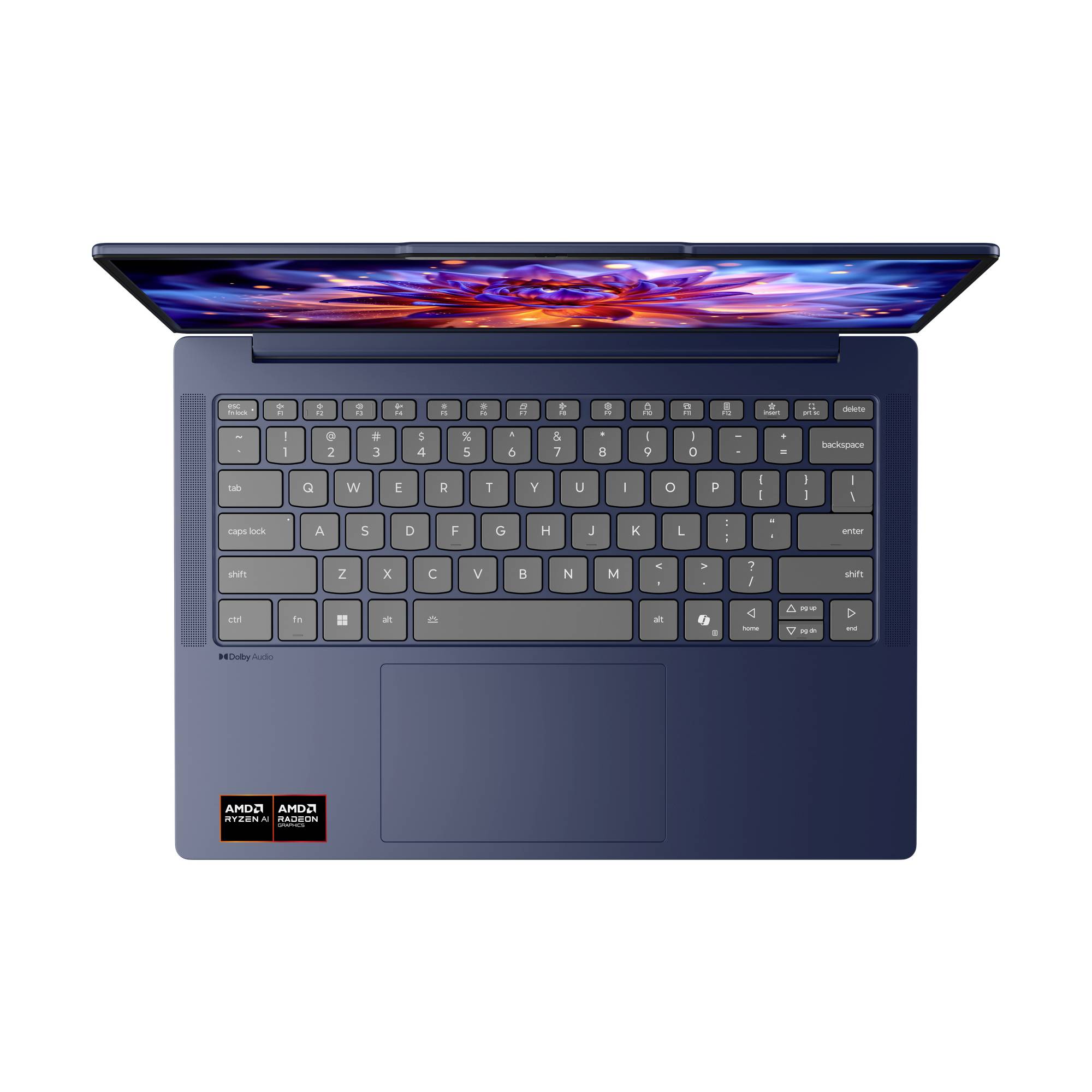 Draufsicht auf einen offenen blauen Laptop mit sichtbarer Tastatur, großem Touchpad und farbenfrohem Bildschirm am oberen Rand.