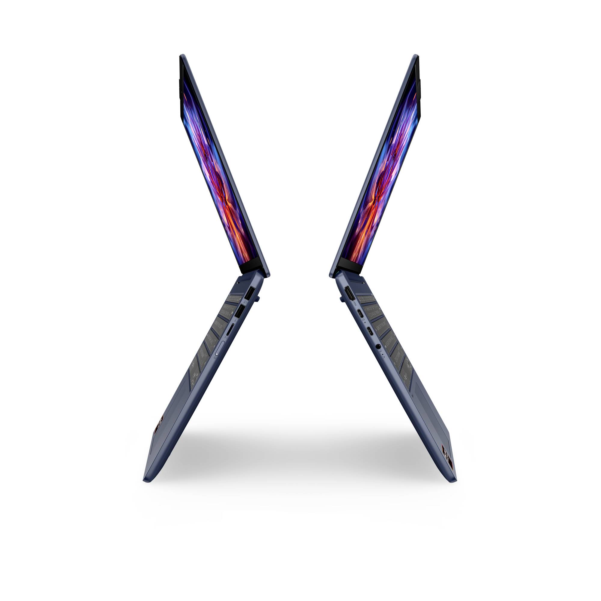 Zwei schlanke Laptops, die offen im Profil dargestellt sind, mit den Bildschirmen sich gegenseitig zugewandt in einer X-Form auf weißem Hintergrund.