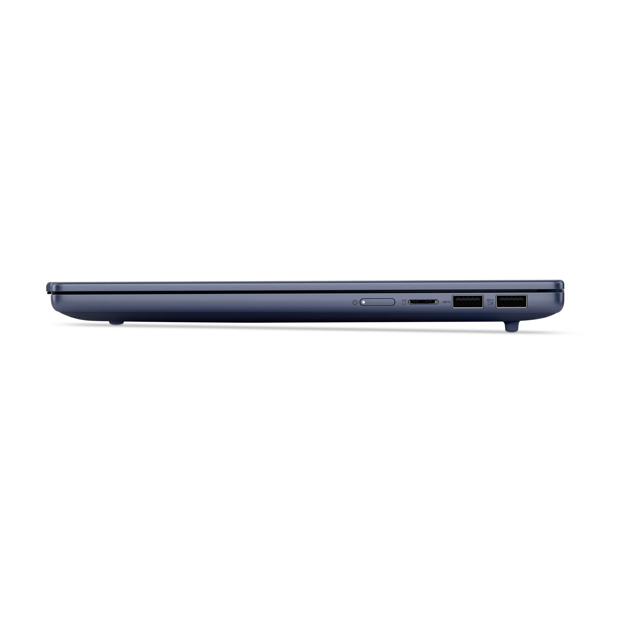 Seitenansicht eines geschlossenen dunkelblauuen Laptops auf weißem Hintergrund, die Anschlüsse und Tasten an der rechten Kante zeigt.