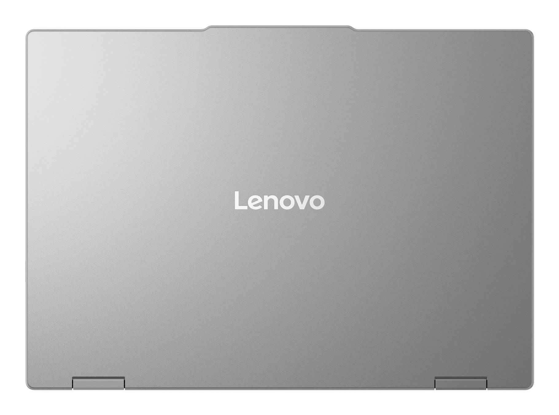 Geschlossener silberner Lenovo-Laptop mit zentriertem Logo, von hinten gezeigt.
