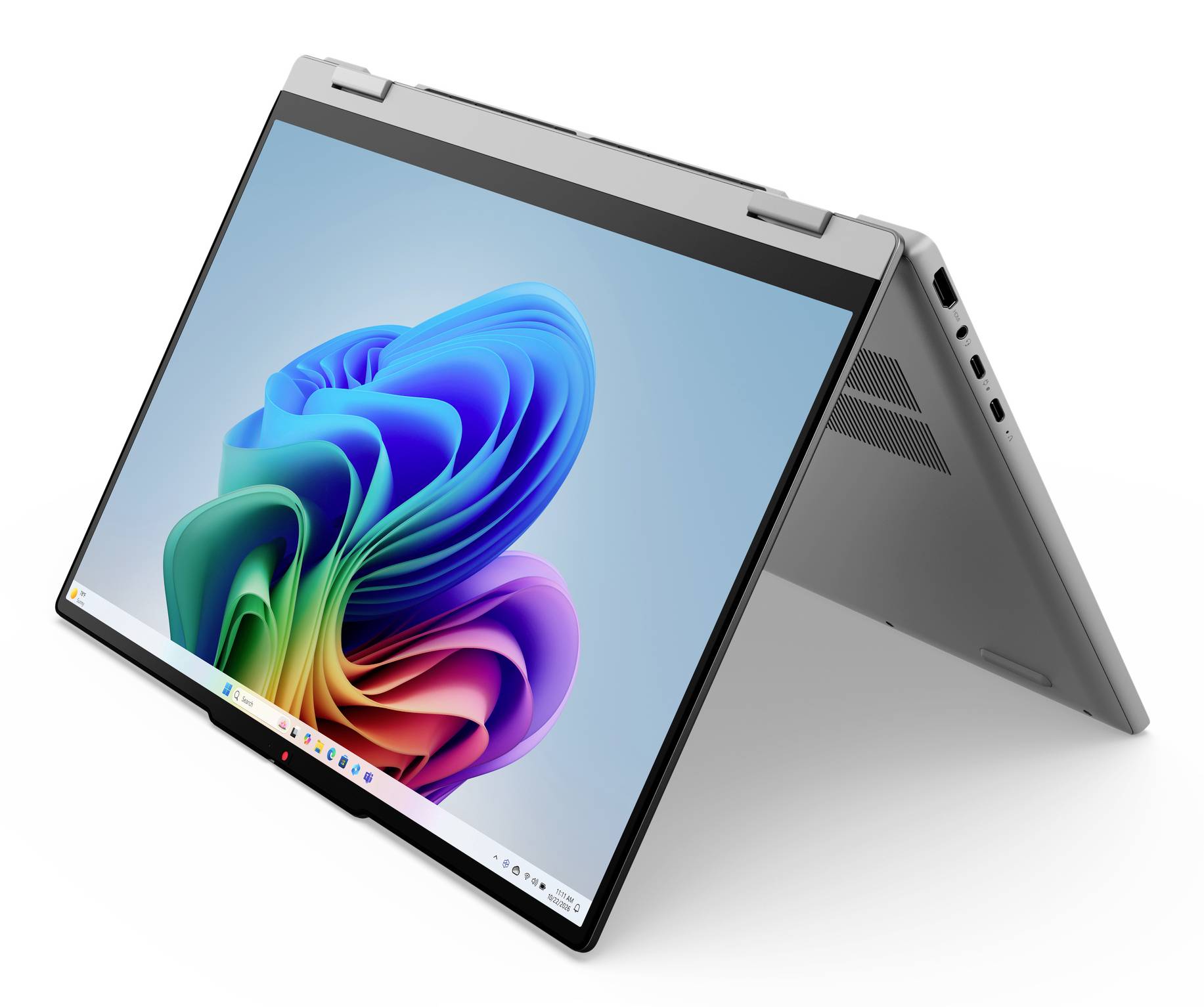 Silberner 2-in-1-Laptop im Zeltmodus mit farbenfrohter Windows-ähnlicher Tapete auf dem Bildschirm