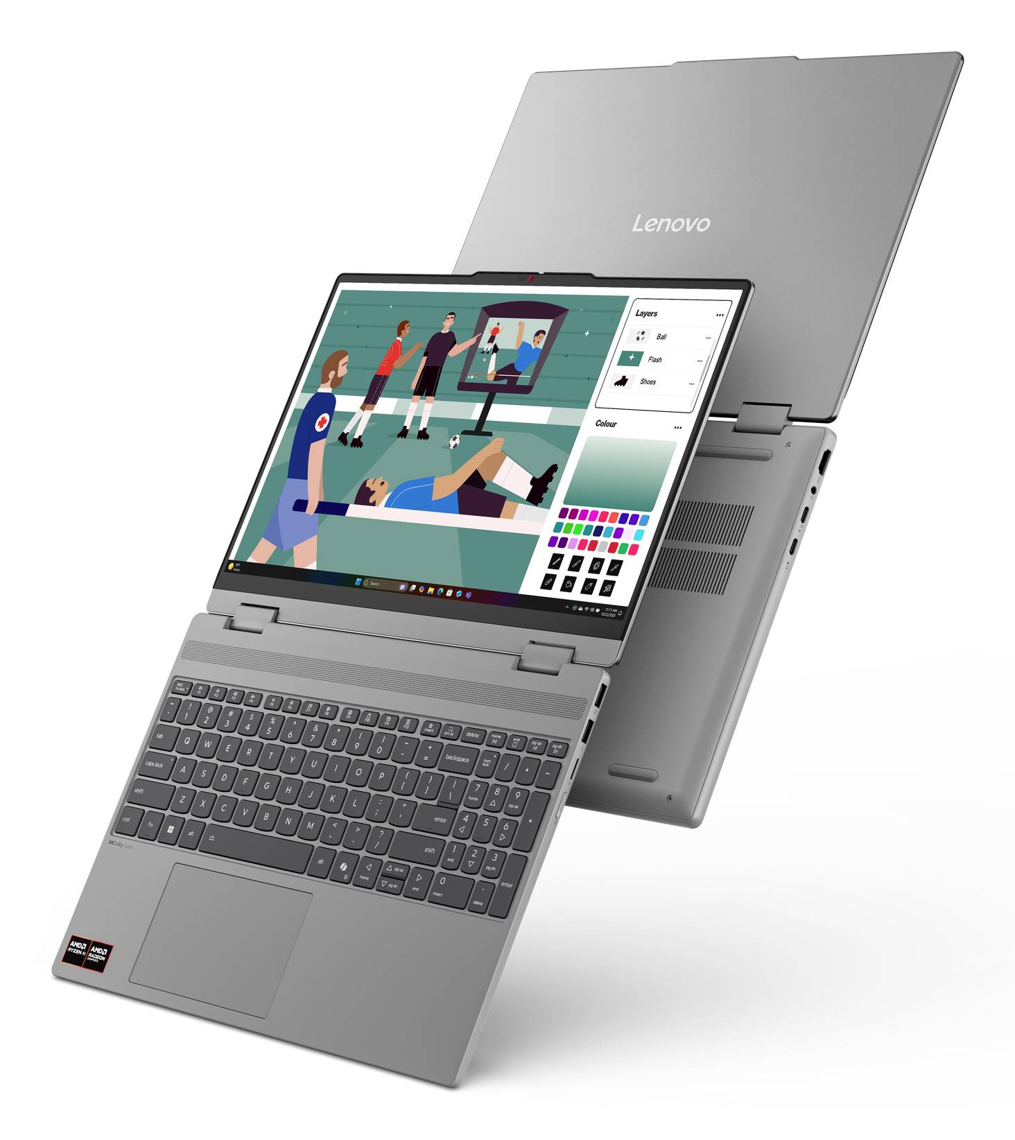 Lenovo-Laptop, geöffnet im Zeltmodus, zeigt eine Stift-Zeichnungsapp auf dem Bildschirm und eine vollständige Tastatur darunter.