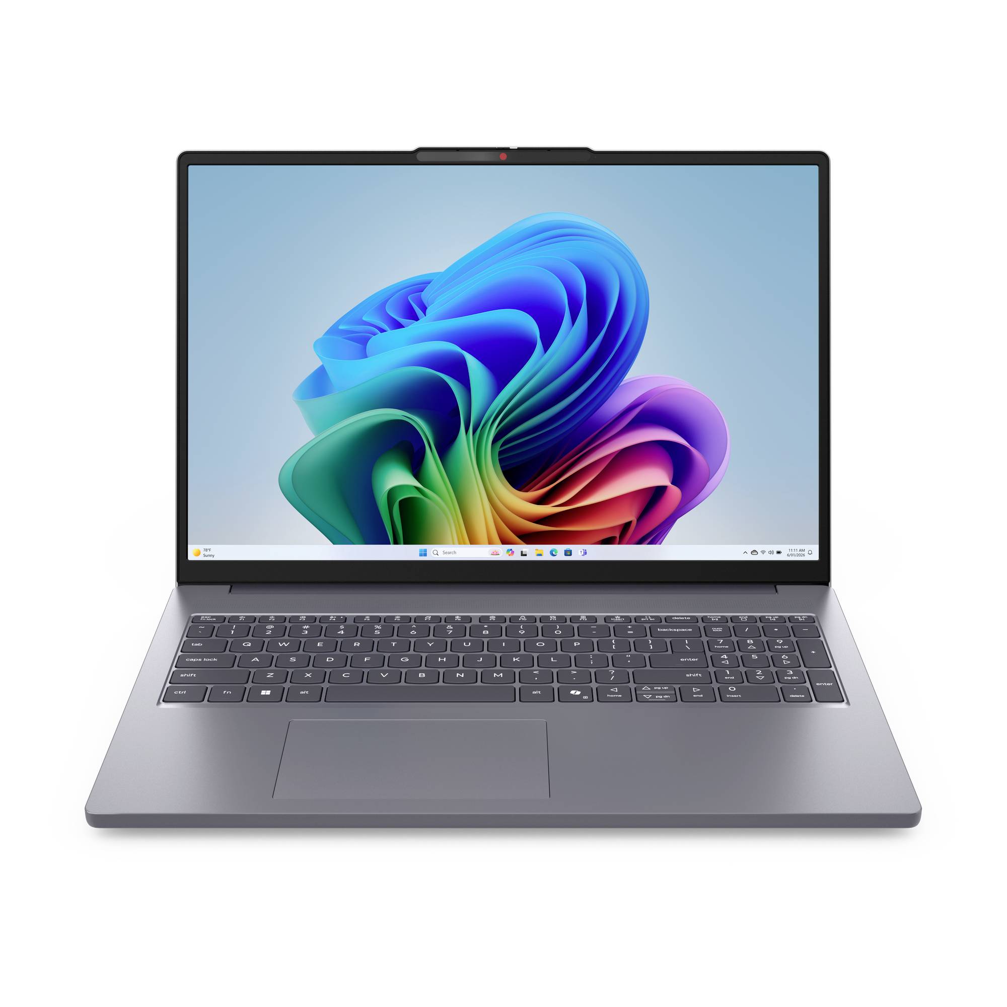 Offener Laptop-Computer mit farbenfrohem, abstraktem Windows-ähnlichen Hintergrundbild auf dem Bildschirm, mit sichtbarer Tastatur und Trackpad.