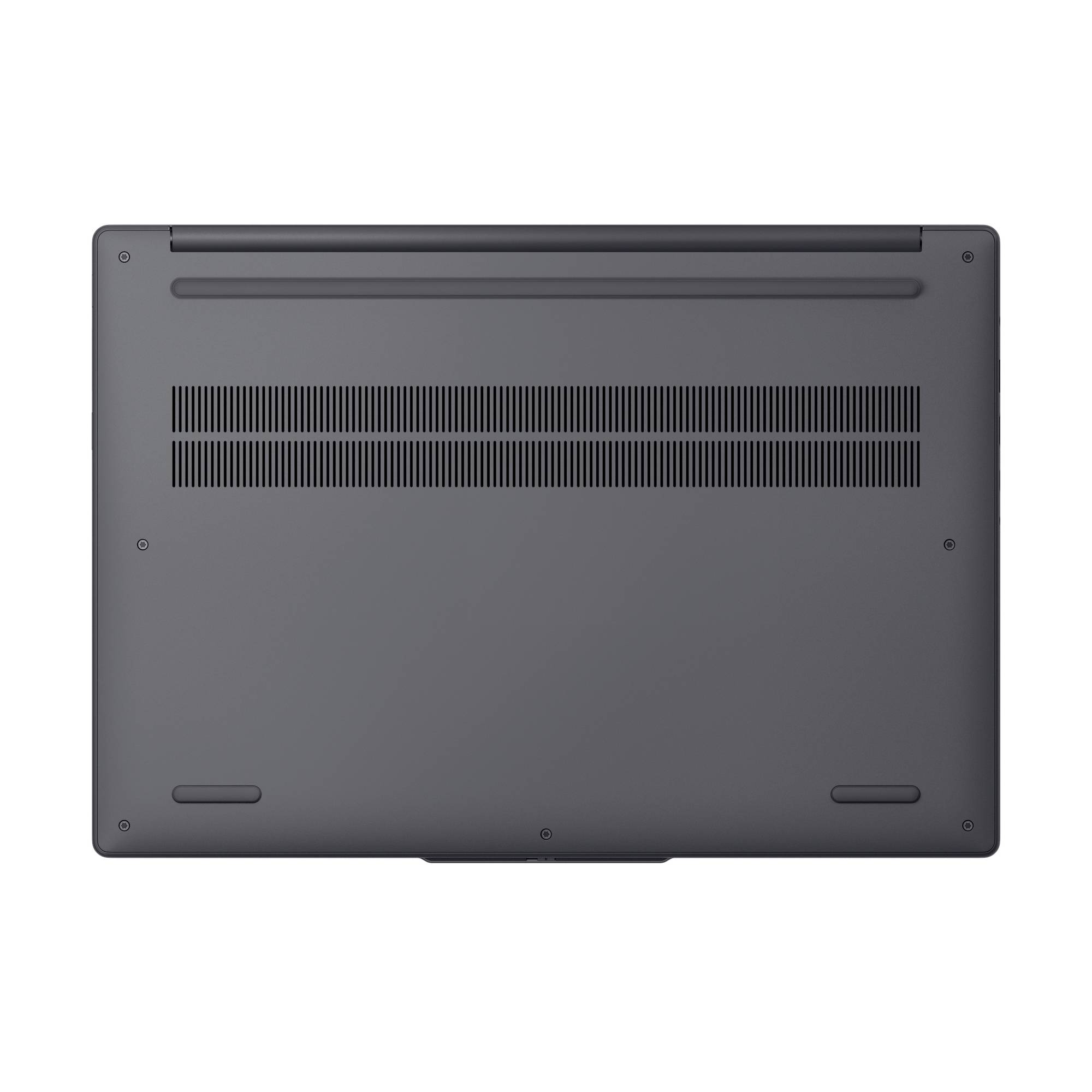 Unteransicht eines Laptops mit Belüftungsgittern, Gummifüßen und Schraubenpunkten auf einer grauen Unterseite.