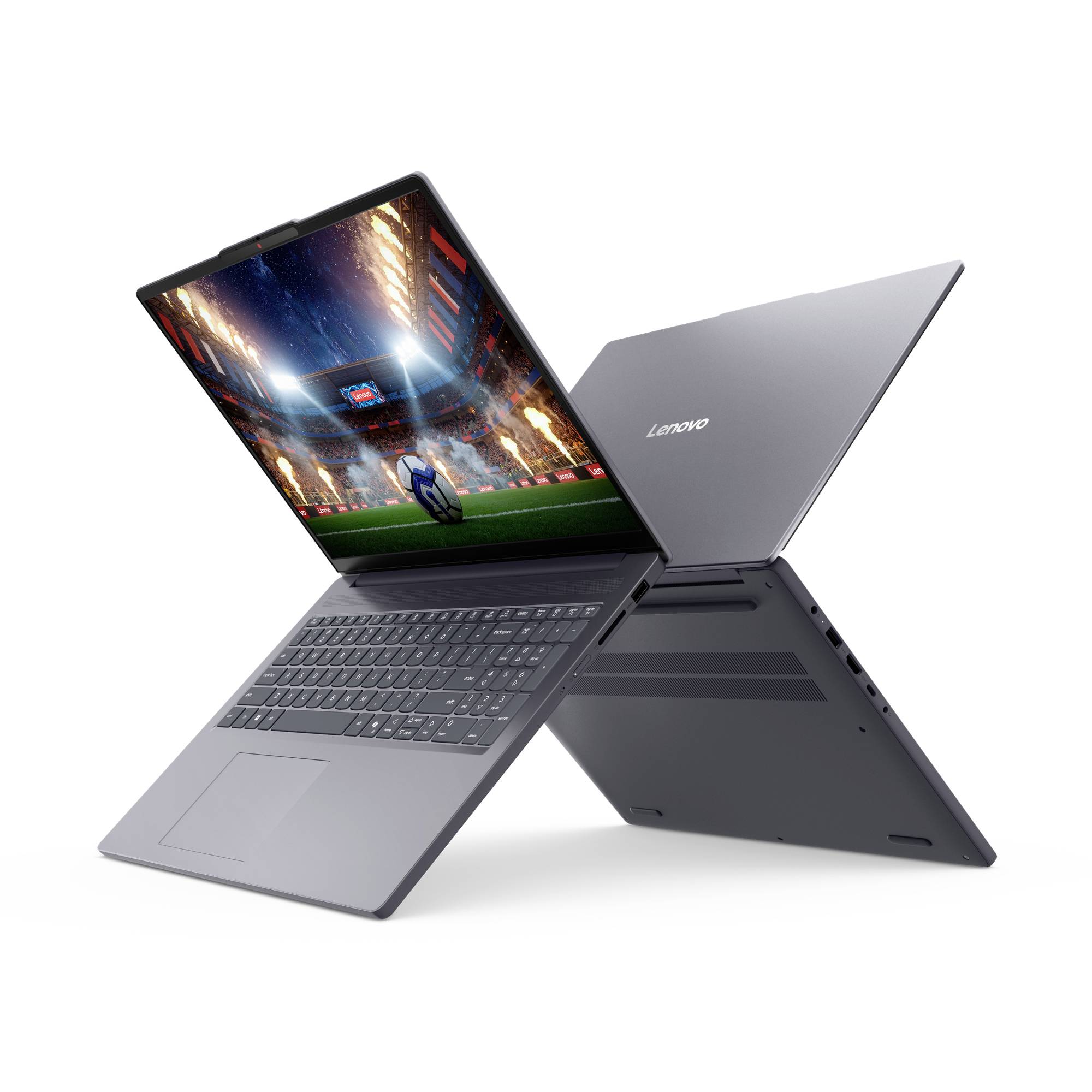 Lenovo-Laptop im flexiblen Zeltmodus dargestellt, mit Bildschirm, der eine Fußballstadion-Szene anzeigt.