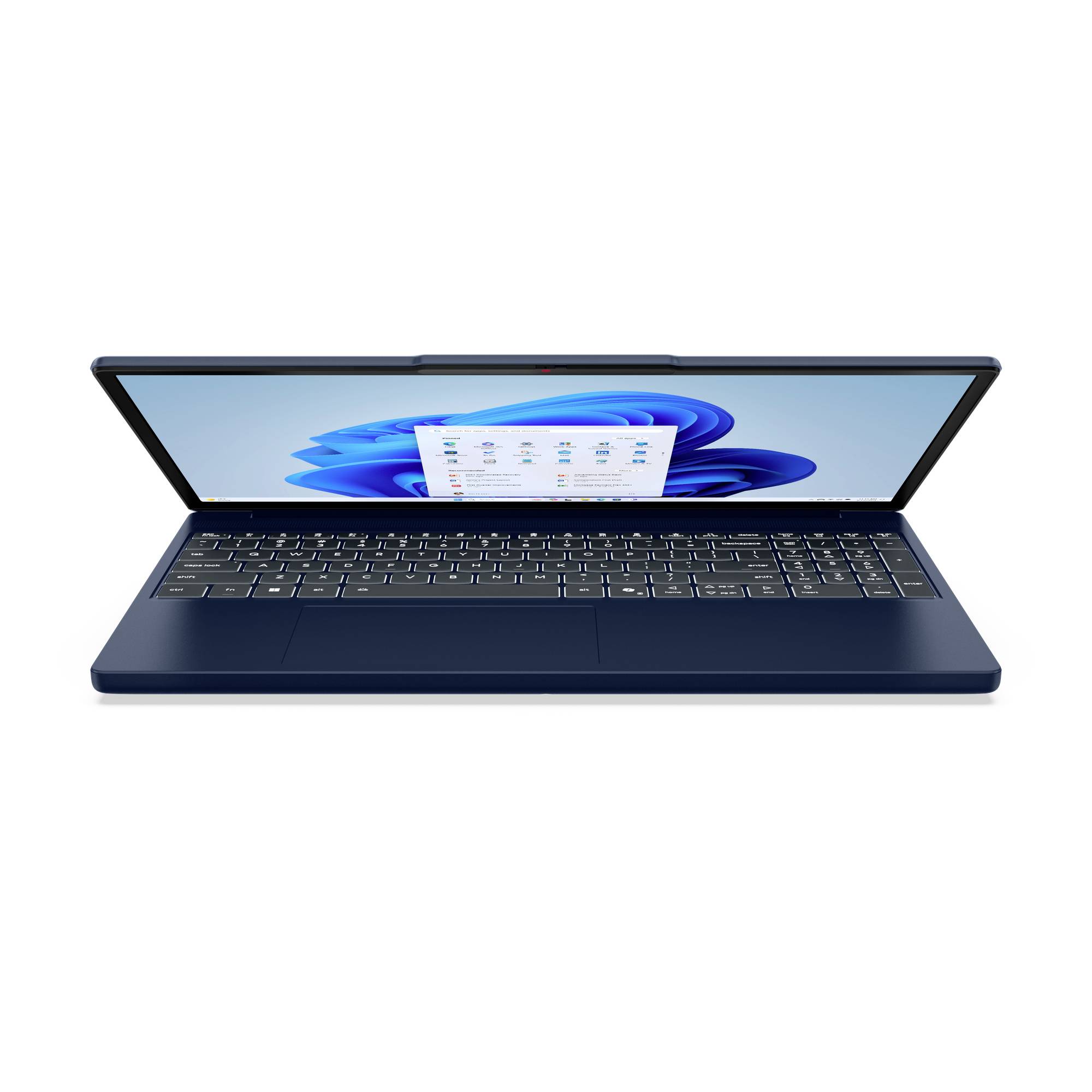 Blauer Laptop auf weißem Hintergrund geöffnet, zeigt den Bildschirm, die Tastatur und ein Windows-ähnliches Desktop-Fenster.
