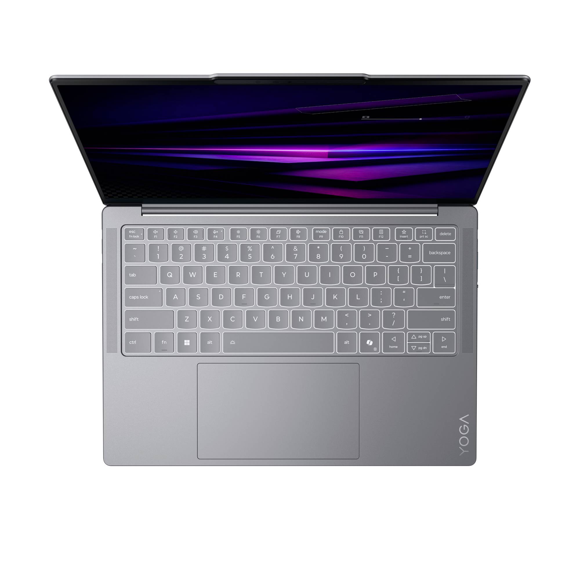 Offener grauer Lenovo Yoga Laptop aus der Vogelperspektive, mit sichtbarer Tastatur, großem Touchpad und Bildschirm mit lila abstrakten Lichtstreifen.