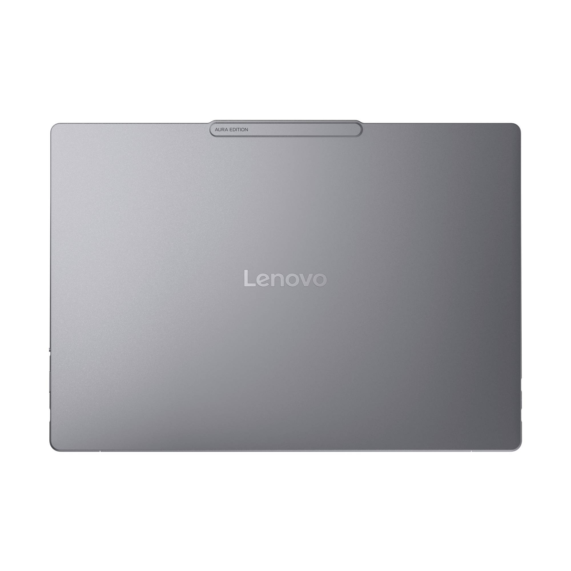 Draufsicht eines geschlossenen silbernen Lenovo-Laptops mit zentriertem Logo und der Bezeichnung „Aura Edition" in der Nähe der oberen Kante.