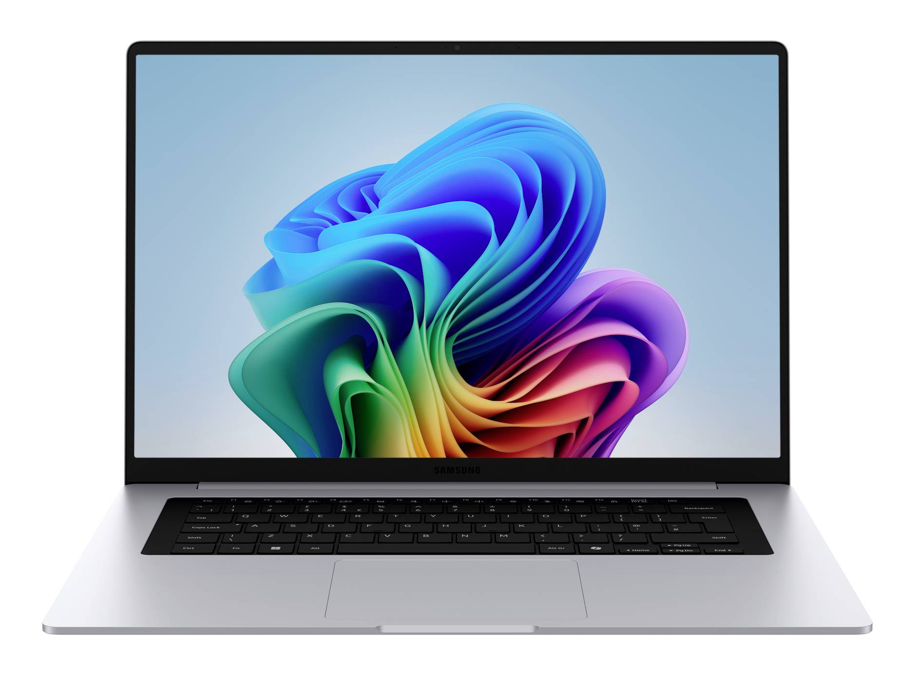 Silberner Laptop offen und nach vorne gerichtet, auf dem Bildschirm ein farbenfroher abstrakter Wirbel-Hintergrund angezeigt.