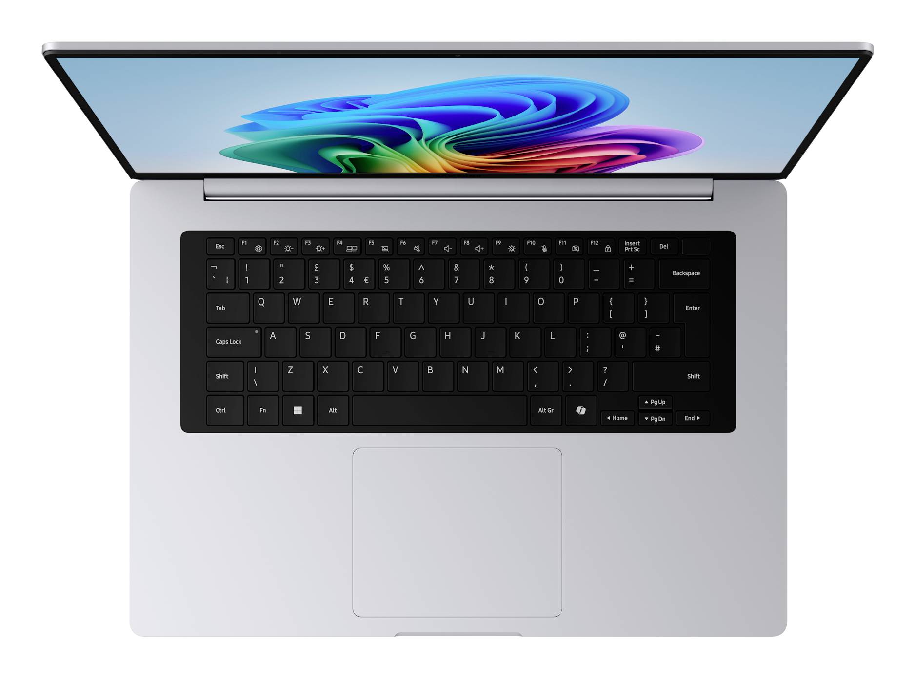 Draufsicht auf einen geöffneten Laptop mit eingeschaltetem Bildschirm, schwarzer Tastatur und großem Touchpad auf einem hellgrauen Gehäuse.