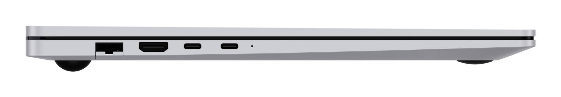 Seitenansicht eines silbernen Laptops mit seiner linken Kante, die Anschlüsse und Lüftungsöffnungen zeigt.