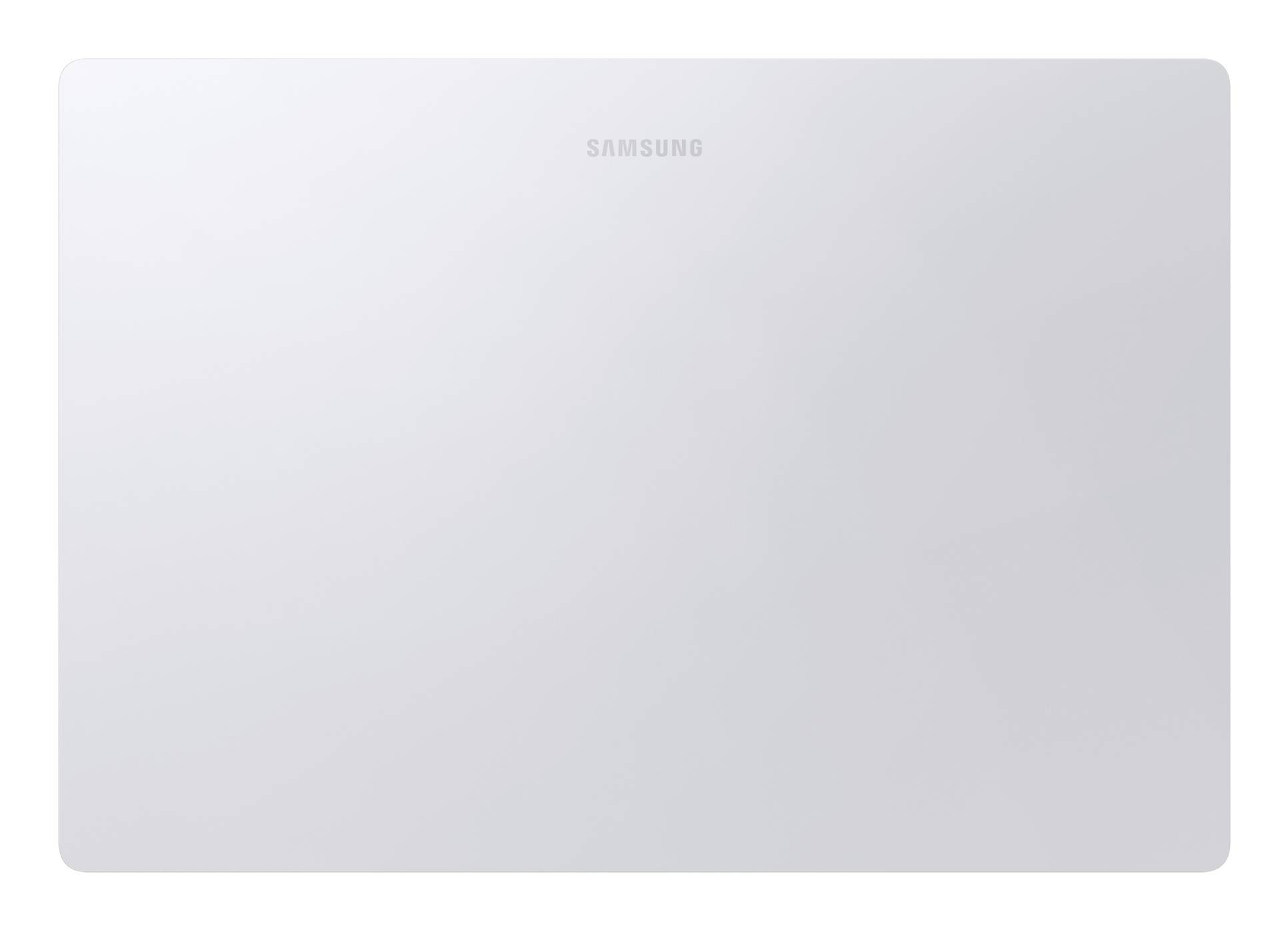 Geschlossener silberner Samsung-Laptop mit Deckel und zentriertem Logo oben.