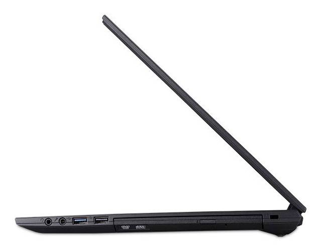 Schlanker schwarzer Laptop, der offen in Seitenansicht gezeigt wird, mit Anschlüssen auf der linken Kante und angehobenem Bildschirmdeckel.