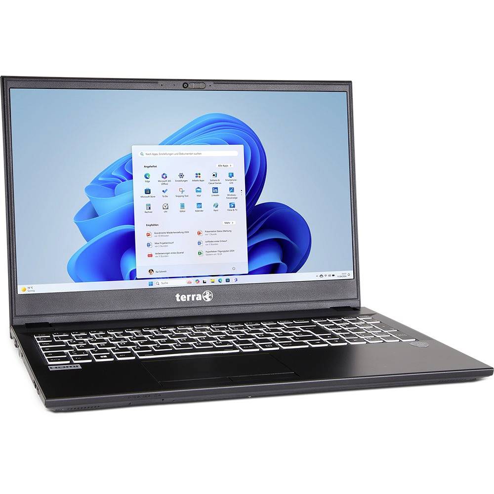 Black Terra Laptop, das auf einem Windows 11-Desktop mit sichtbarem Startmenü auf dem Bildschirm geöffnet ist, gezeigt vor einem weißen Hintergrund.